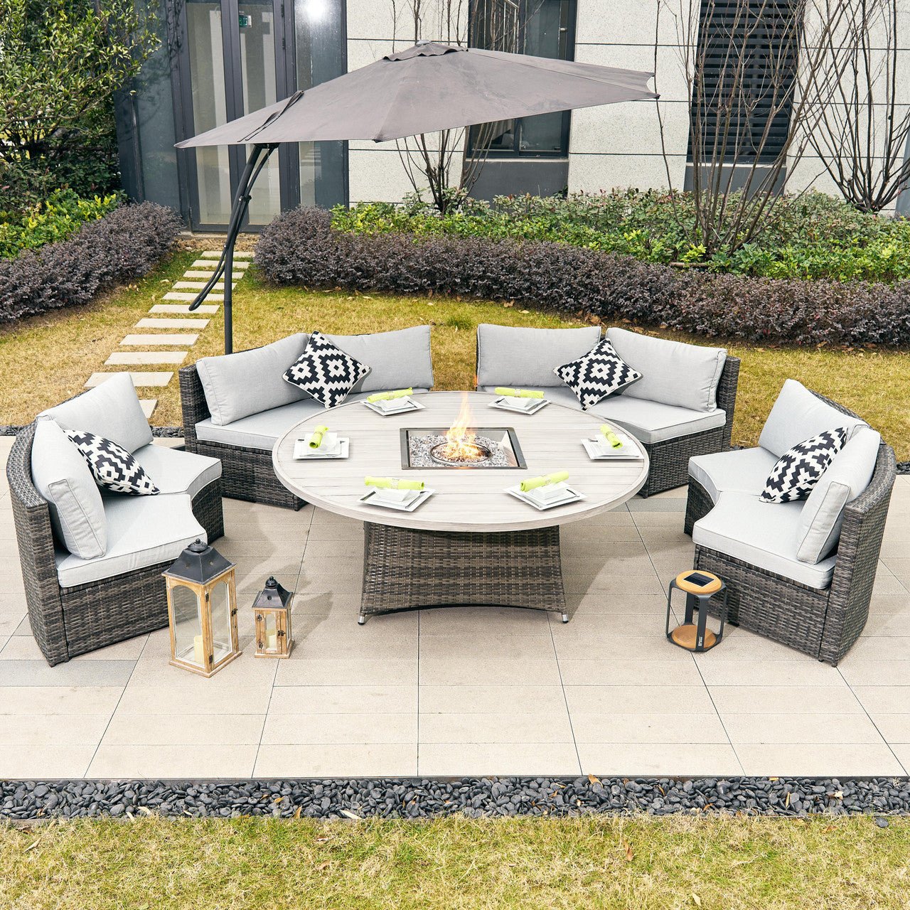 8 piece patio set with umbrella Stylish 8-Seat Outdoor Sofa Set with Fire Pit Table – Direct Wicker