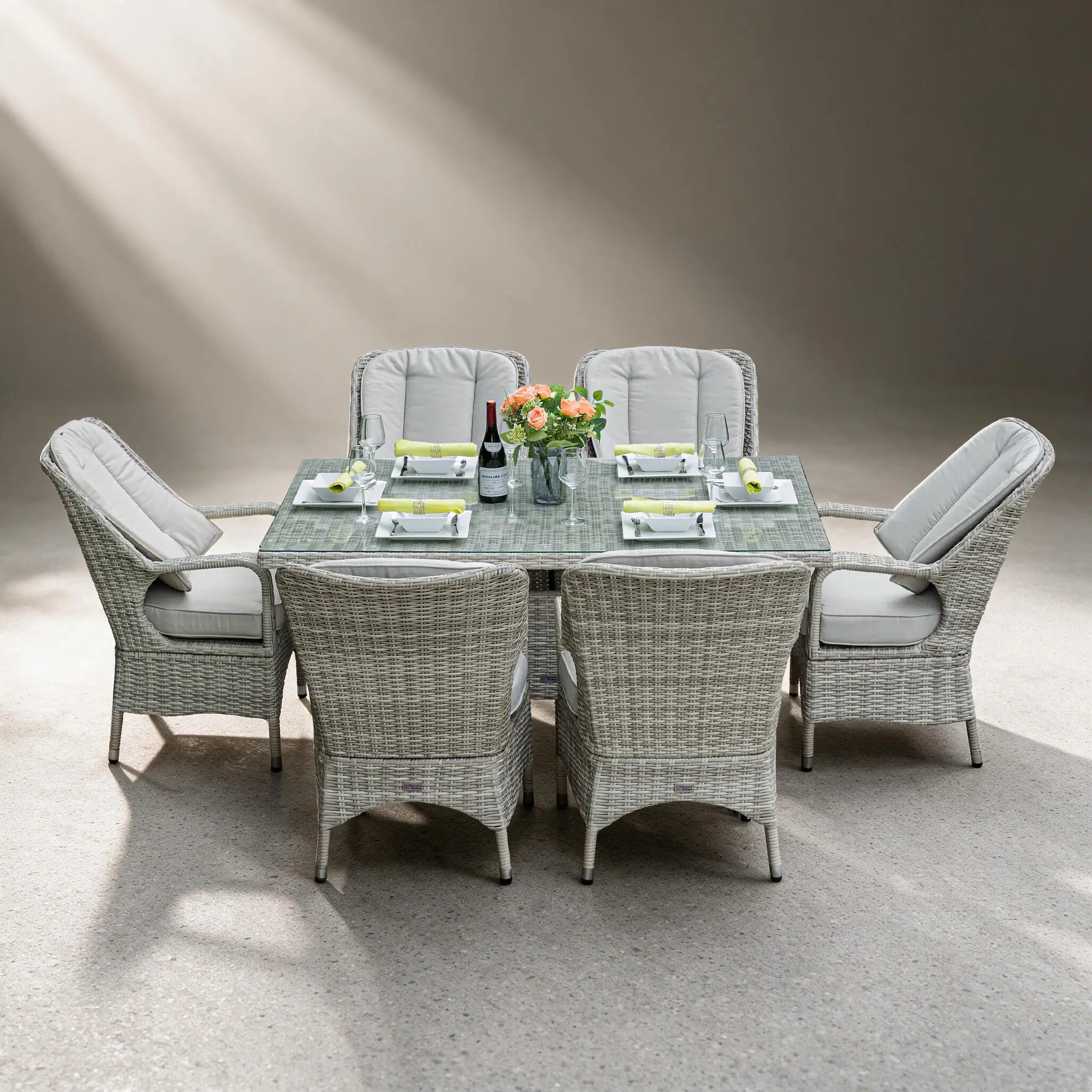 Best 6-Seat Outdoor Dining Set for Patios: Parma Aluminum Frame & Tempered Glass Set | Direct Wicker