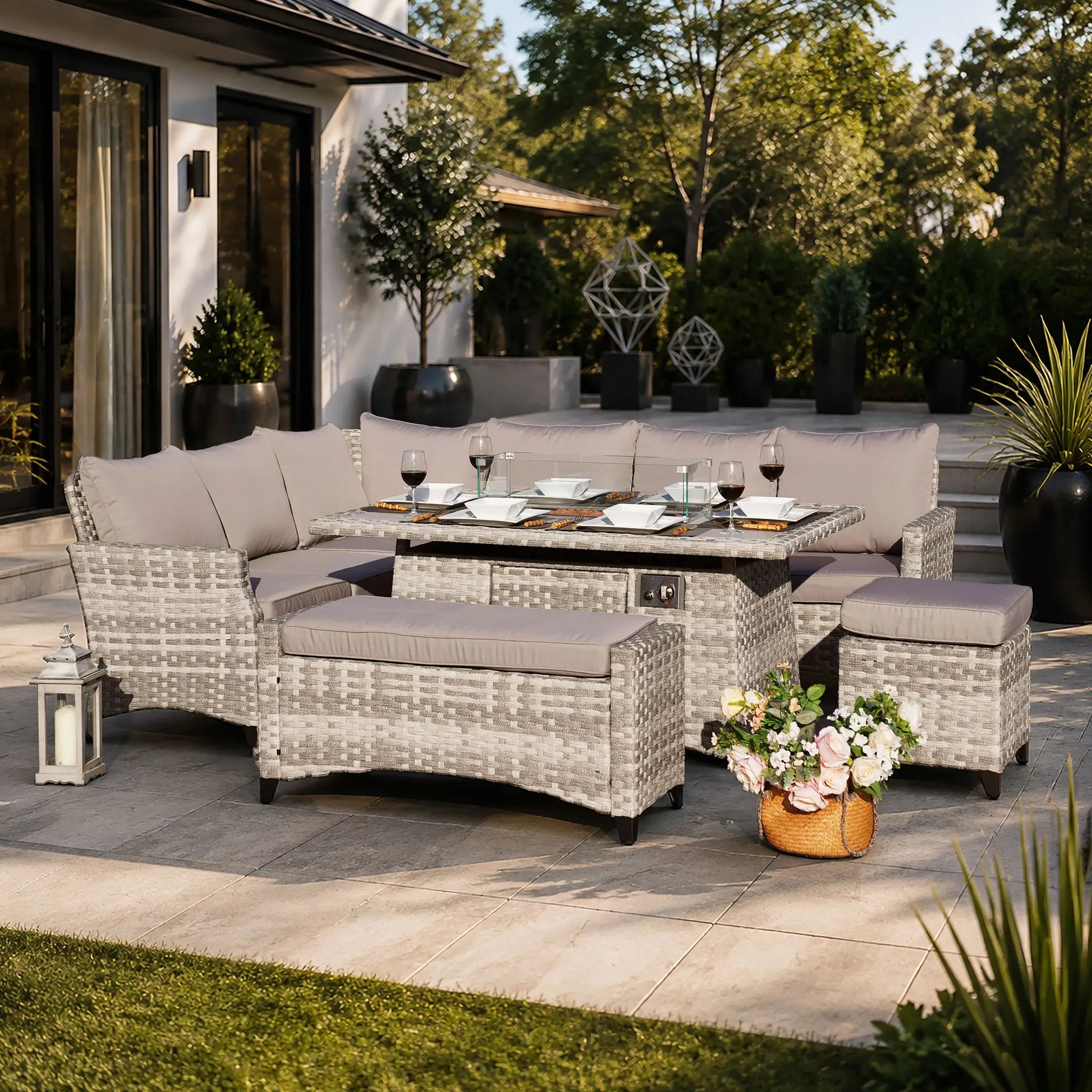 PAF-2001 5-Piece PE Rattan Outdoor Fire Pit Sofa Set with Gas Fire Pit Table | Direct Wicker