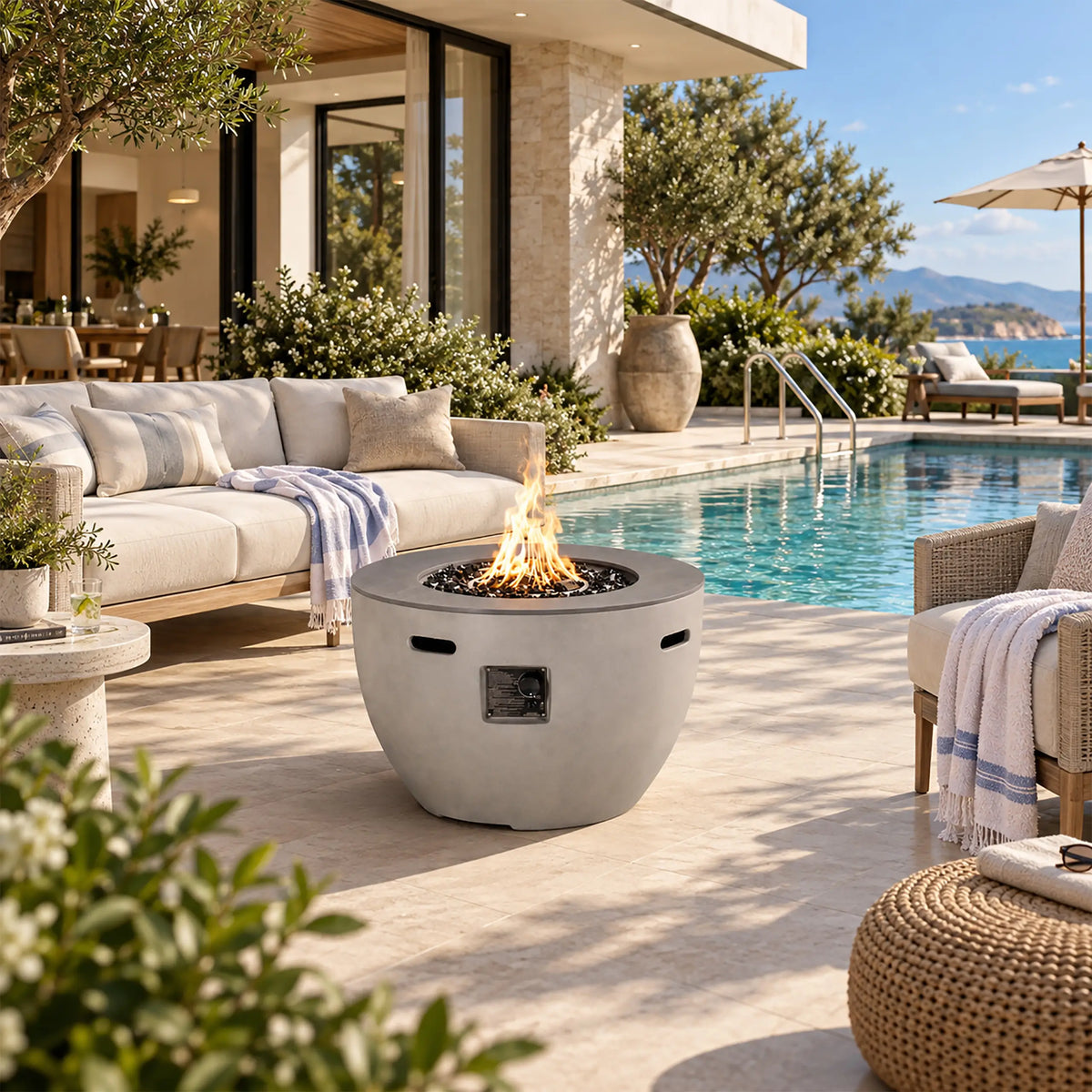 Elegant Round Magnesium Oxide Fire Pit Table with Slate Tabletop | Direct Wicker