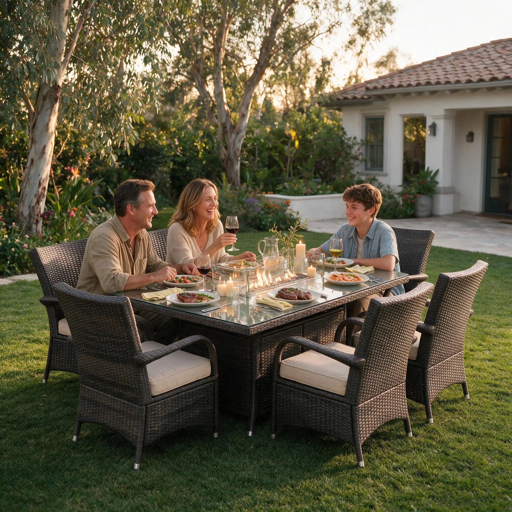 Best 7-Piece Outdoor Fire Pit Dining Set: PE Wicker, Aluminum Frame & Patio Fire Table - Direct Wicker