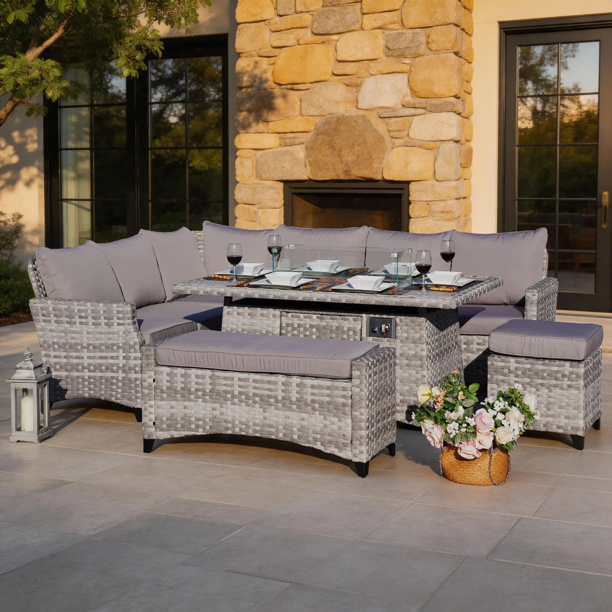 PAF-2001 5-Piece PE Rattan Outdoor Fire Pit Sofa Set with Gas Fire Pit Table | Direct Wicker - Direct Wicker