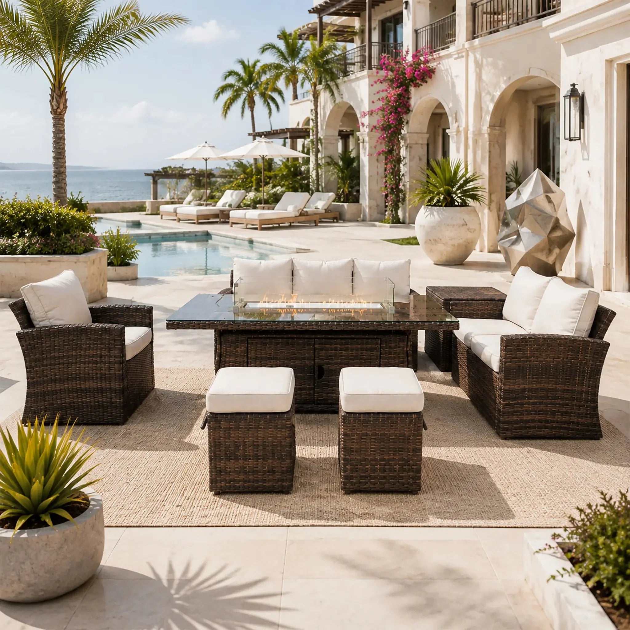 Create a Resort-Style Backyard With Direct Wicker’s 6-Piece Outdoor Conversation Set With Rectangular Fire Pit Table