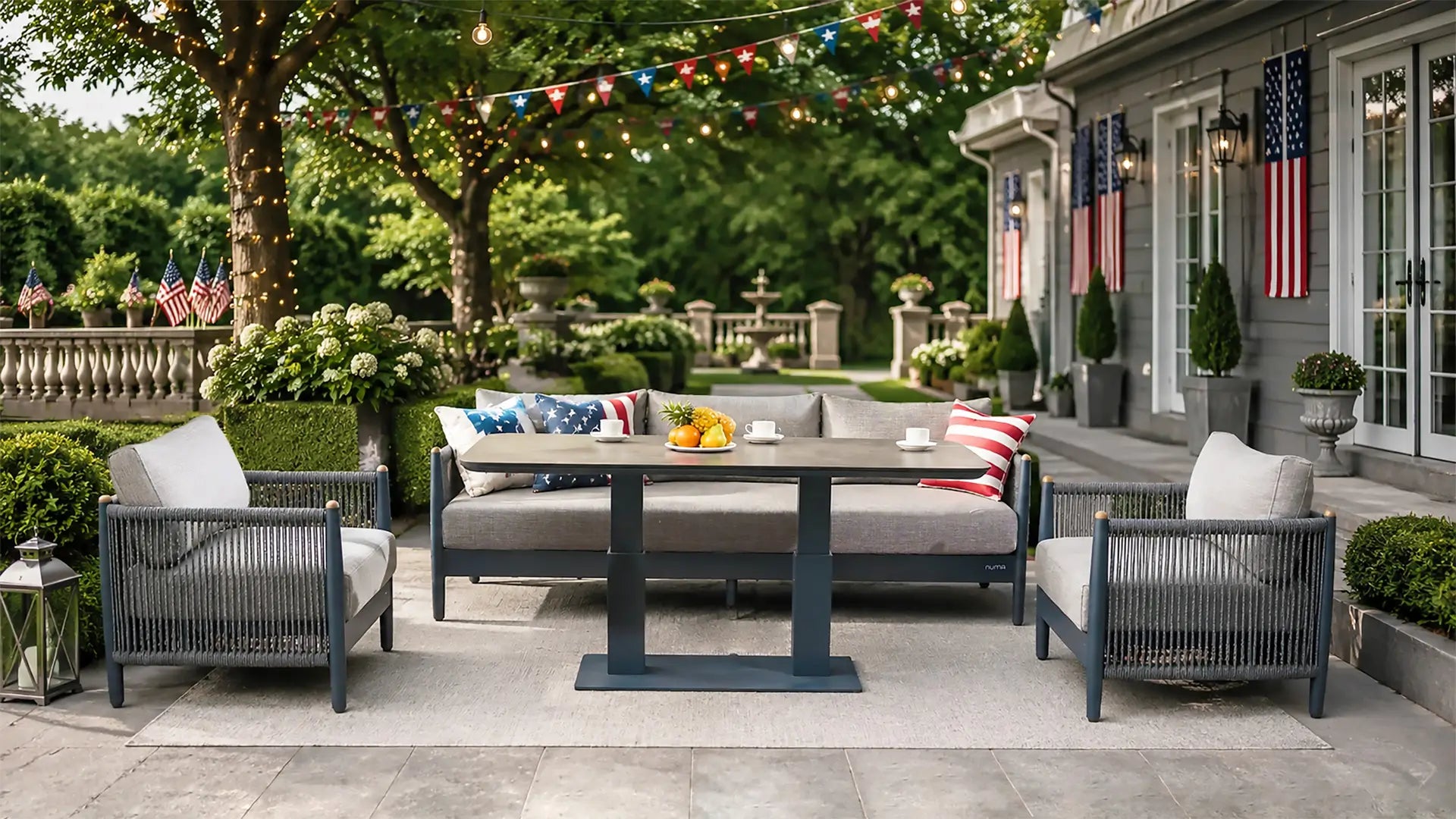 Outdoor patio set with furniture and decorations on a patio area - Direct Wicker