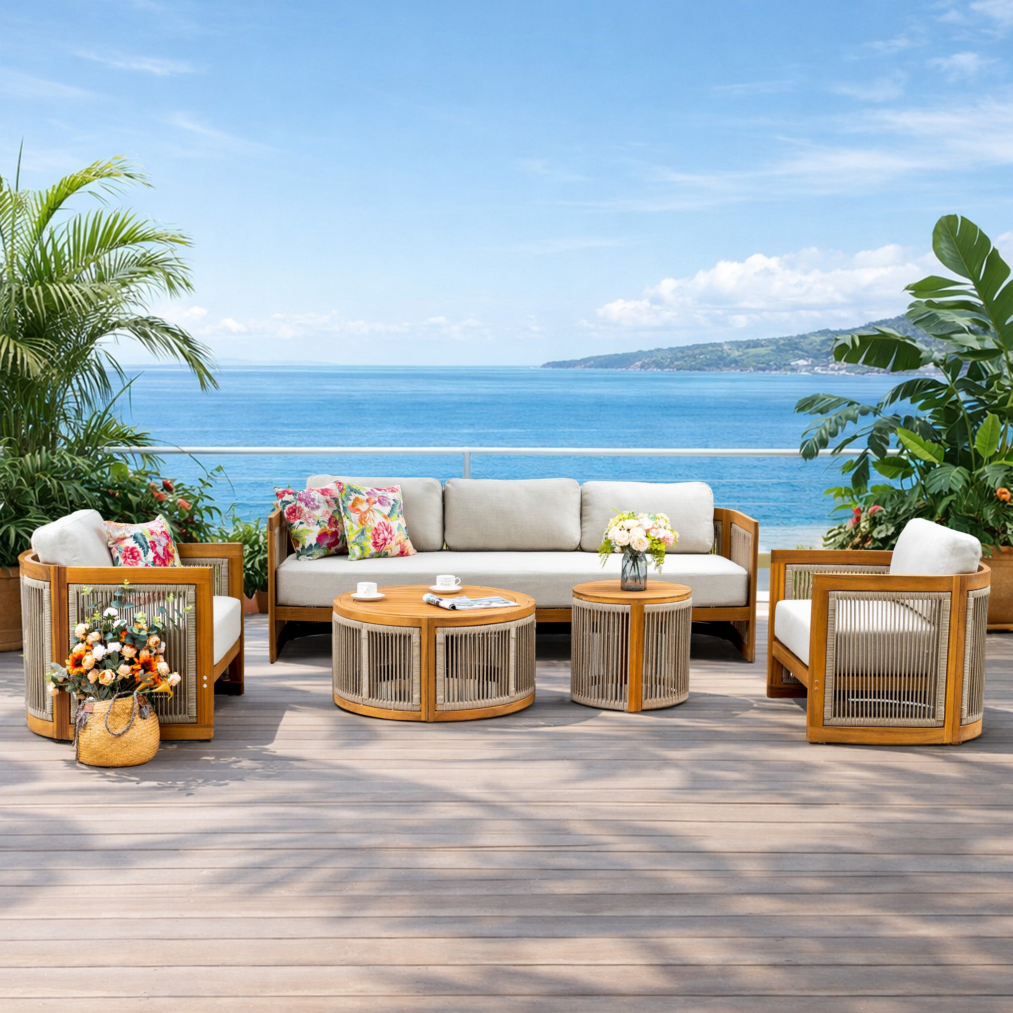 Solid Wood 5-Seater Sofa Set with Round Coffee Table (PAS-2515-SC*2+3SC+RTA+2518-ST)