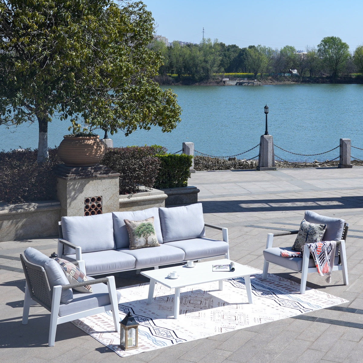White Aluminum Outdoor Sofa Set with Rope Woven Accents – 5-Piece Modern Patio Conversation Set