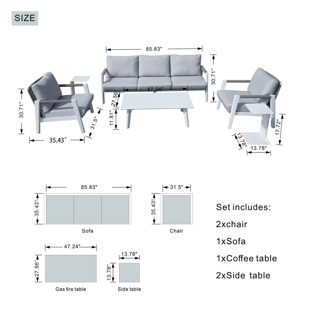 White Aluminum Outdoor Sofa Set with Rope Woven Accents – 5-Piece Modern Patio Conversation Set - Direct Wicker