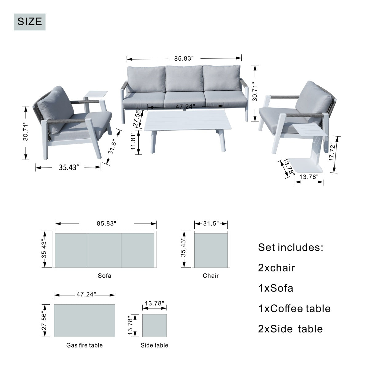 White Aluminum Outdoor Sofa Set with Rope Woven Accents – 5-Piece Modern Patio Conversation Set