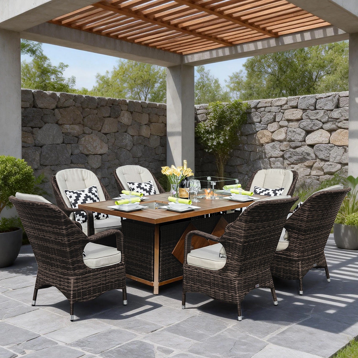 Parma 6-Seat Outdoor Fire Pit Dining Set-Rectangle Fire Pit Table with Ice Bucket (PAG-1106FI)