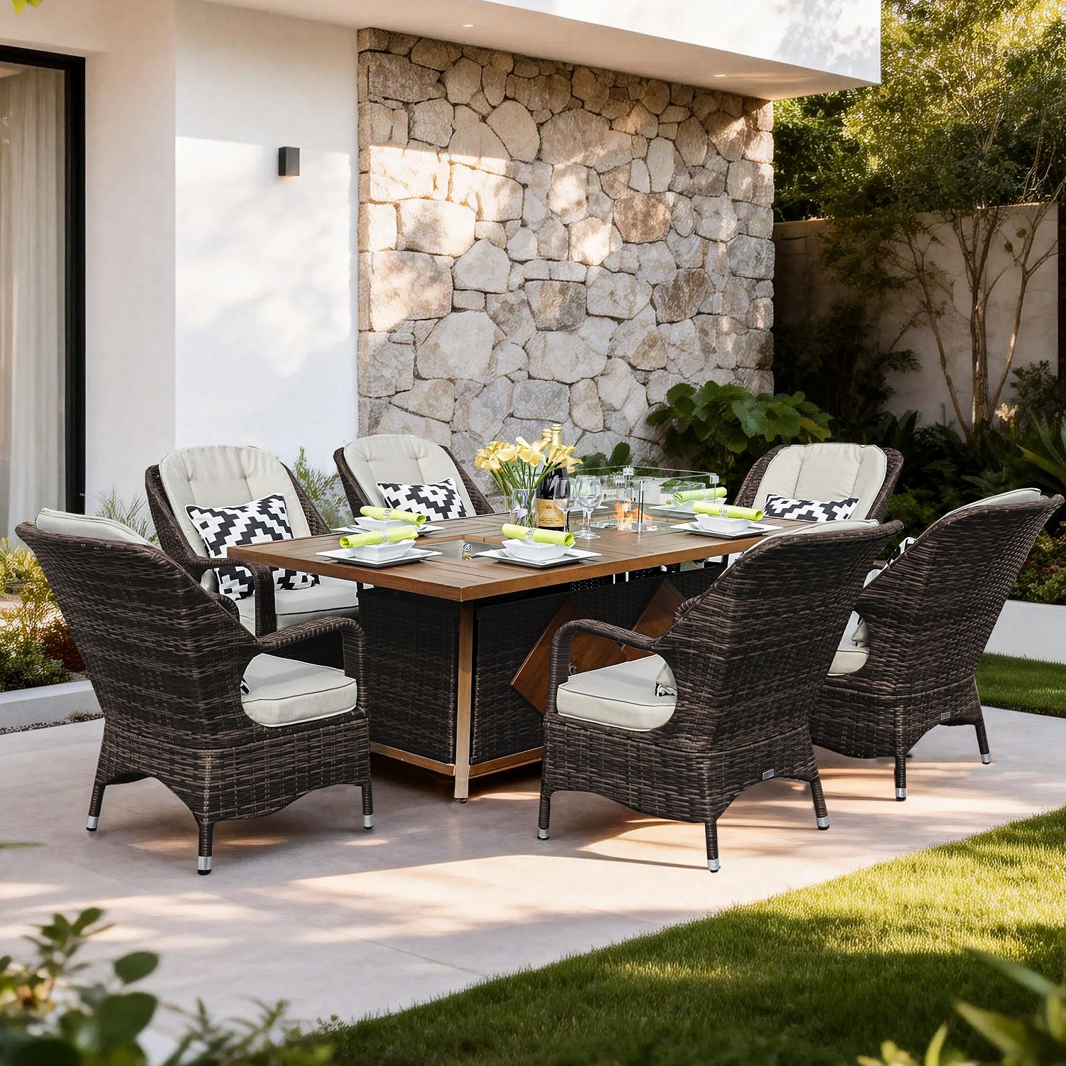Parma 6-Seat Outdoor Fire Pit Dining Set-Rectangle Fire Pit Table with Ice Bucket (PAG-1106FI)