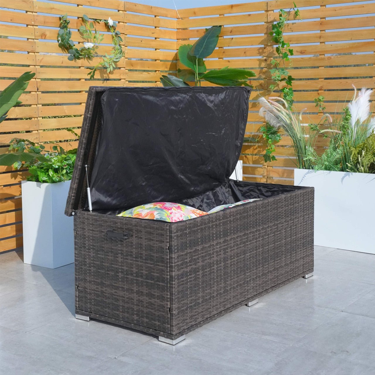 130 Gallon Capacity Outdoor Wicker Storage Box PE Wicker with Iron Frame (PA-3256M-I) - Direct Wicker