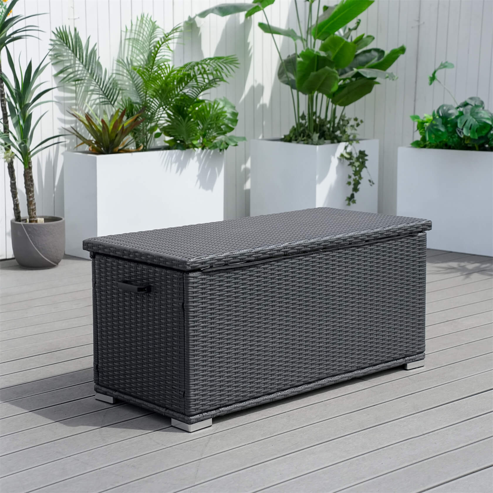 130 Gallon Capacity Outdoor Wicker Storage Box PE Wicker with Iron Frame (PA-3256M-I) - Direct Wicker