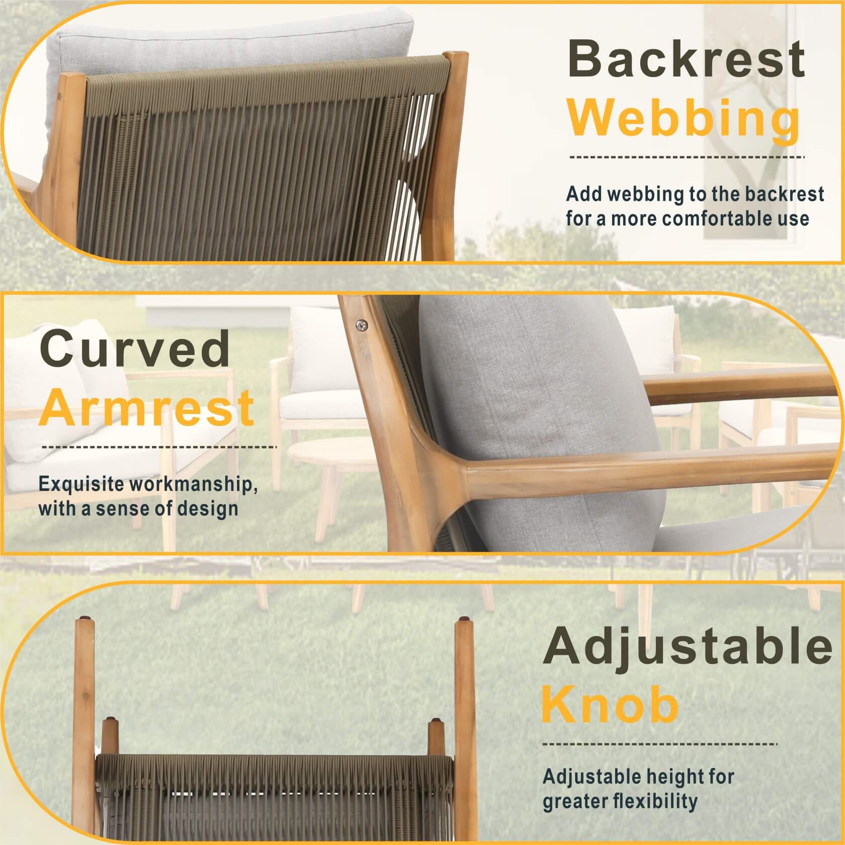 Rebel 4-Seater Wood Patio Conversation Set with Side Table (PAS-2513-2SC+SC*2+TA+ST)