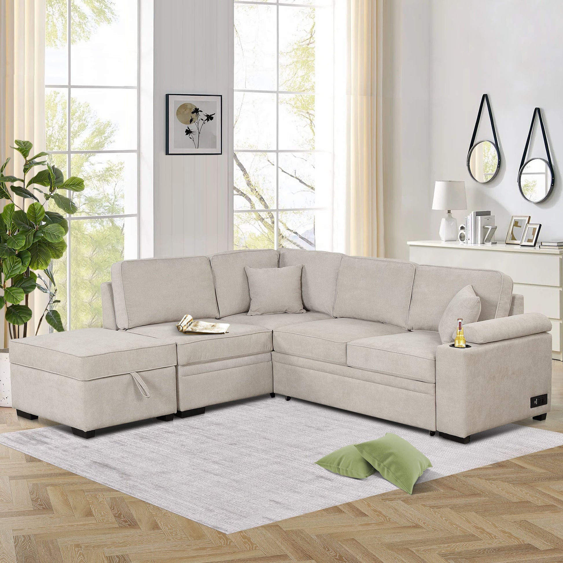 2 in 1 Sleeper Sofa Bed with Storage Ottoman, Beige Linen Upholstery (SG000550AAA) - Direct Wicker