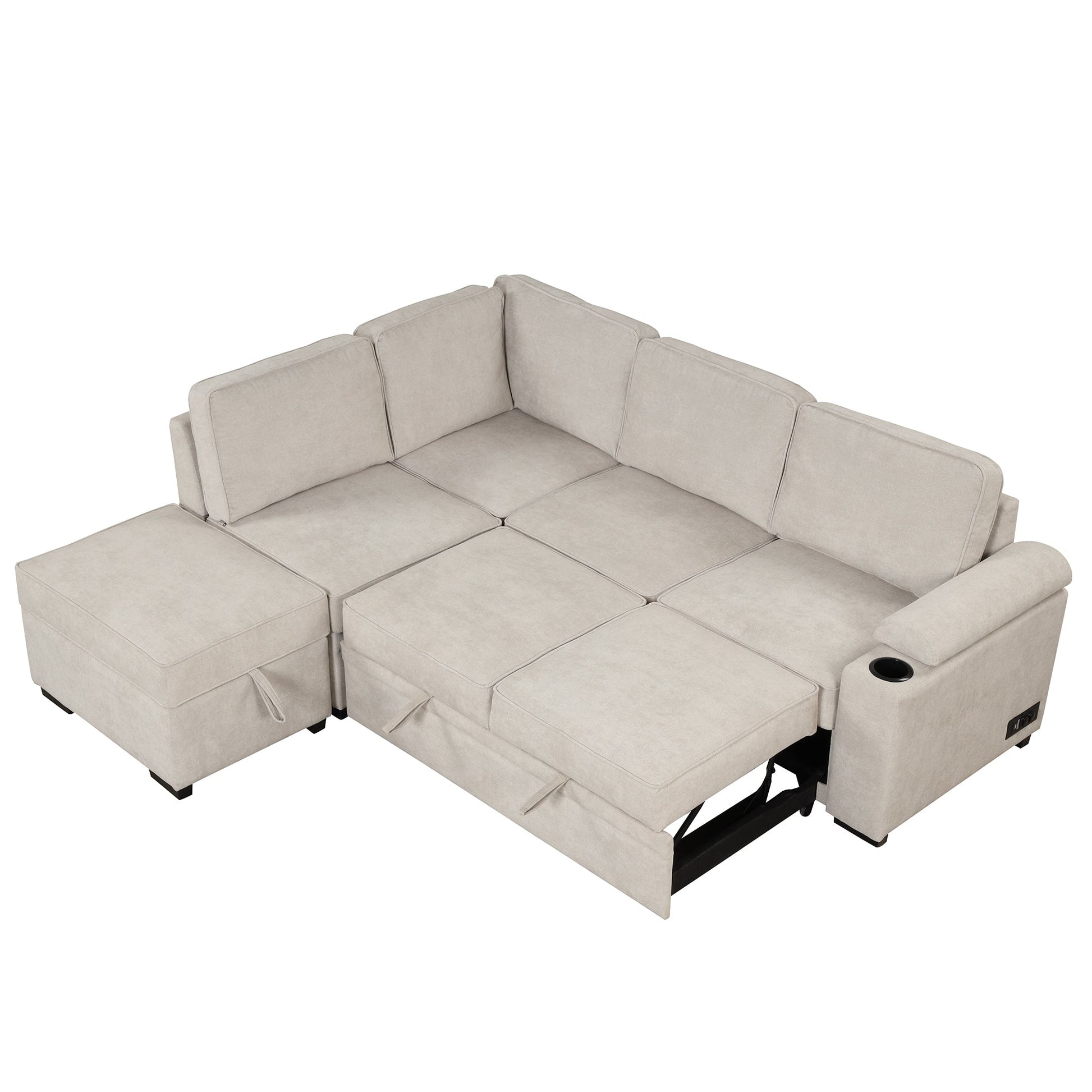 2 in 1 Sleeper Sofa Bed with Storage Ottoman, Beige Linen Upholstery (SG000550AAA) - Direct Wicker