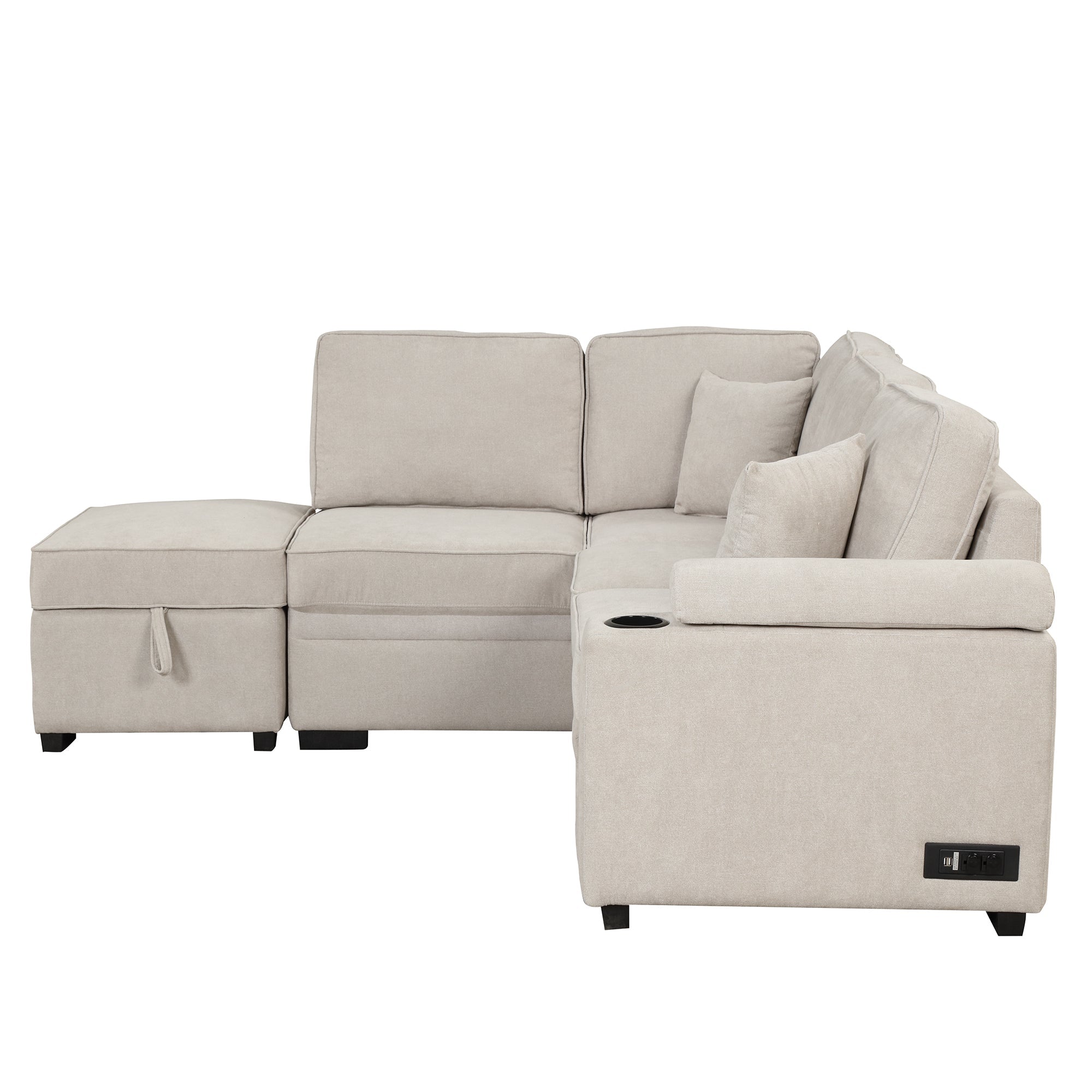 2 in 1 Sleeper Sofa Bed with Storage Ottoman, Beige Linen Upholstery (SG000550AAA) - Direct Wicker