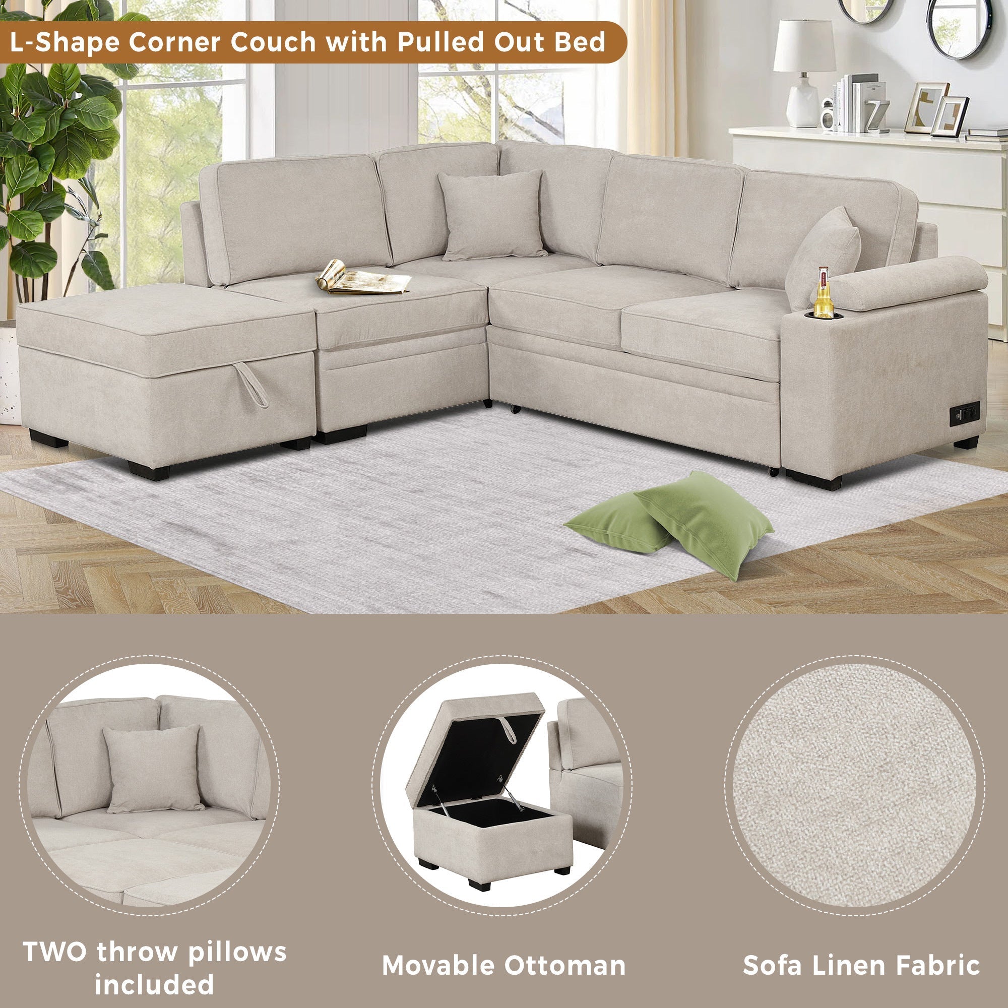 2 in 1 Sleeper Sofa Bed with Storage Ottoman, Beige Linen Upholstery (SG000550AAA) - Direct Wicker