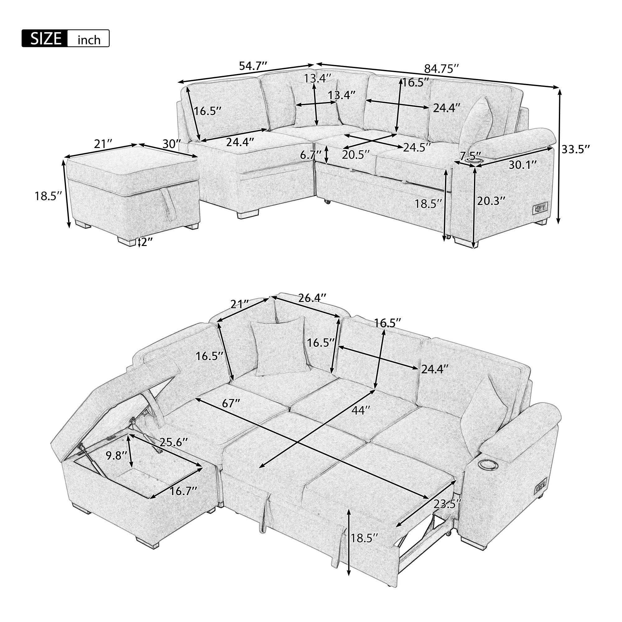 2 in 1 Sleeper Sofa Bed with Storage Ottoman, Beige Linen Upholstery (SG000550AAA) - Direct Wicker