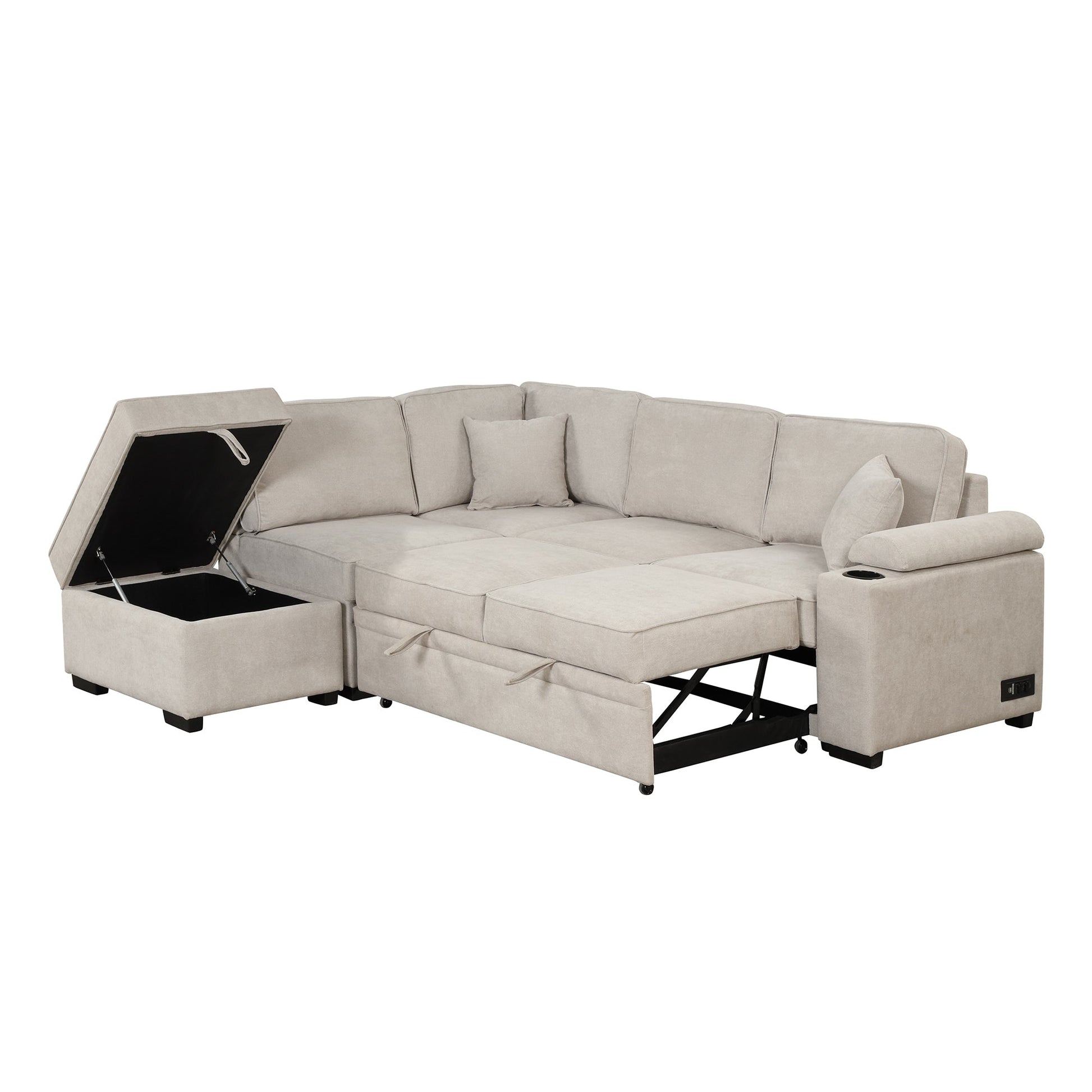 2 in 1 Sleeper Sofa Bed with Storage Ottoman, Beige Linen Upholstery (SG000550AAA) - Direct Wicker
