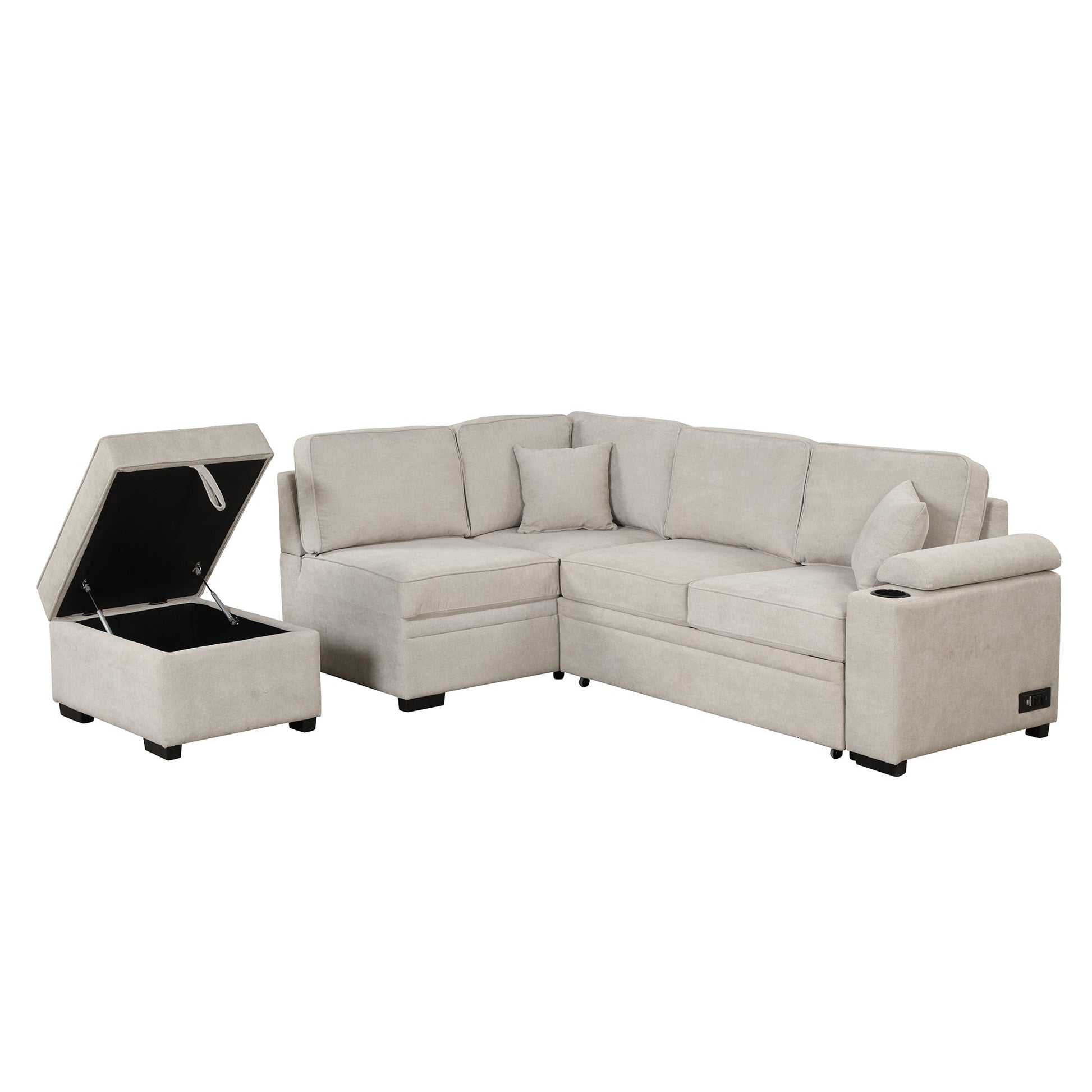 2 in 1 Sleeper Sofa Bed with Storage Ottoman, Beige Linen Upholstery (SG000550AAA) - Direct Wicker