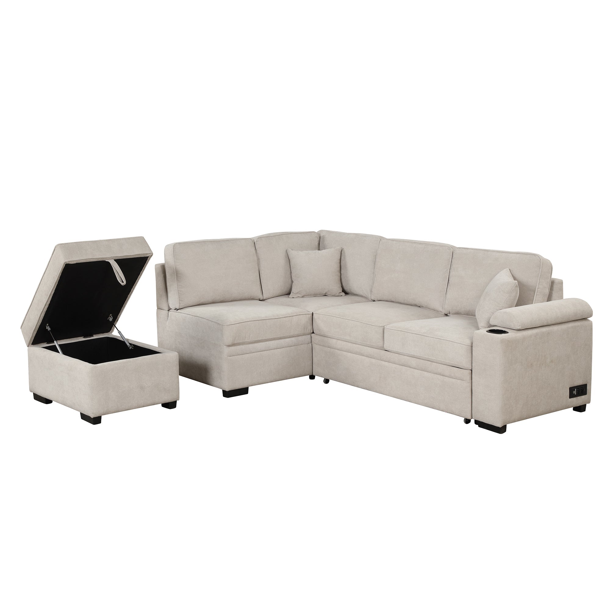 2 in 1 Sleeper Sofa Bed with Storage Ottoman, Beige Linen Upholstery (SG000550AAA) - Direct Wicker