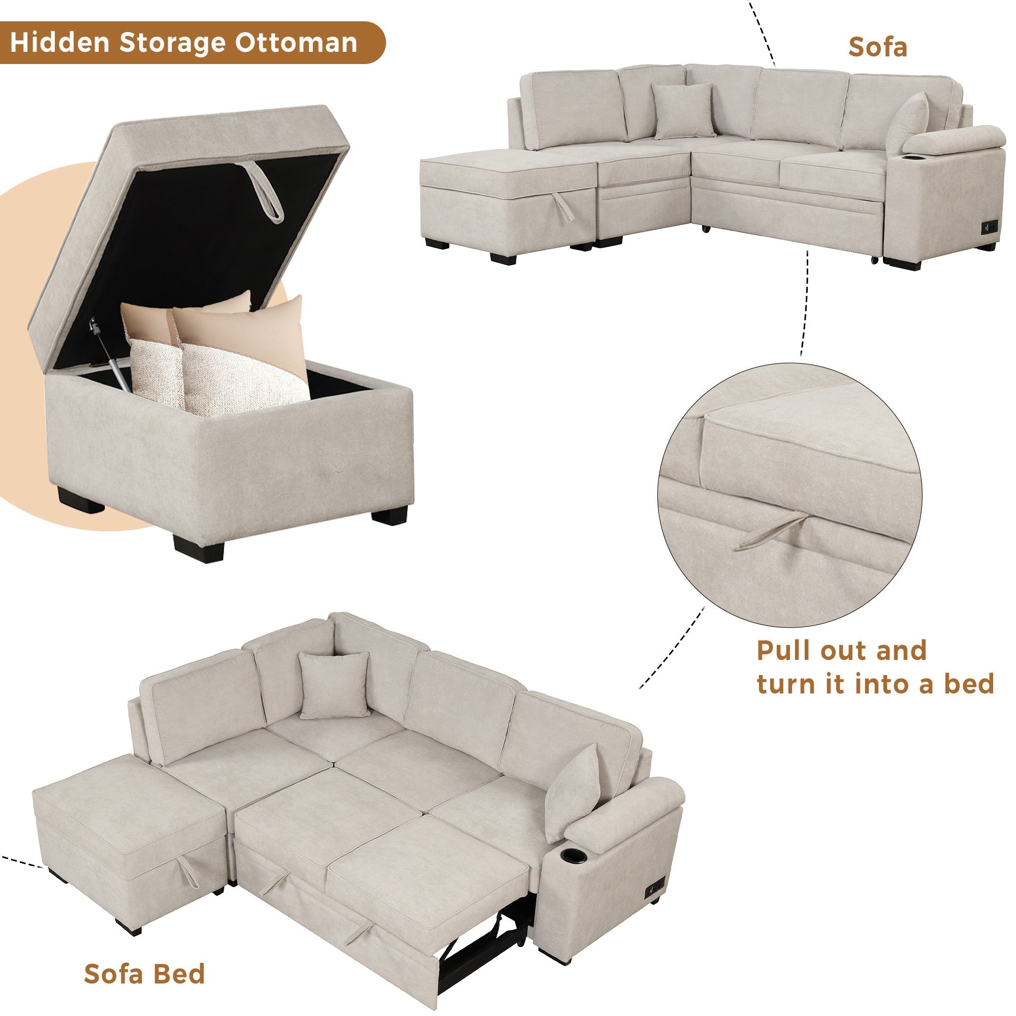 2 in 1 Sleeper Sofa Bed with Storage Ottoman, Beige Linen Upholstery (SG000550AAA) - Direct Wicker