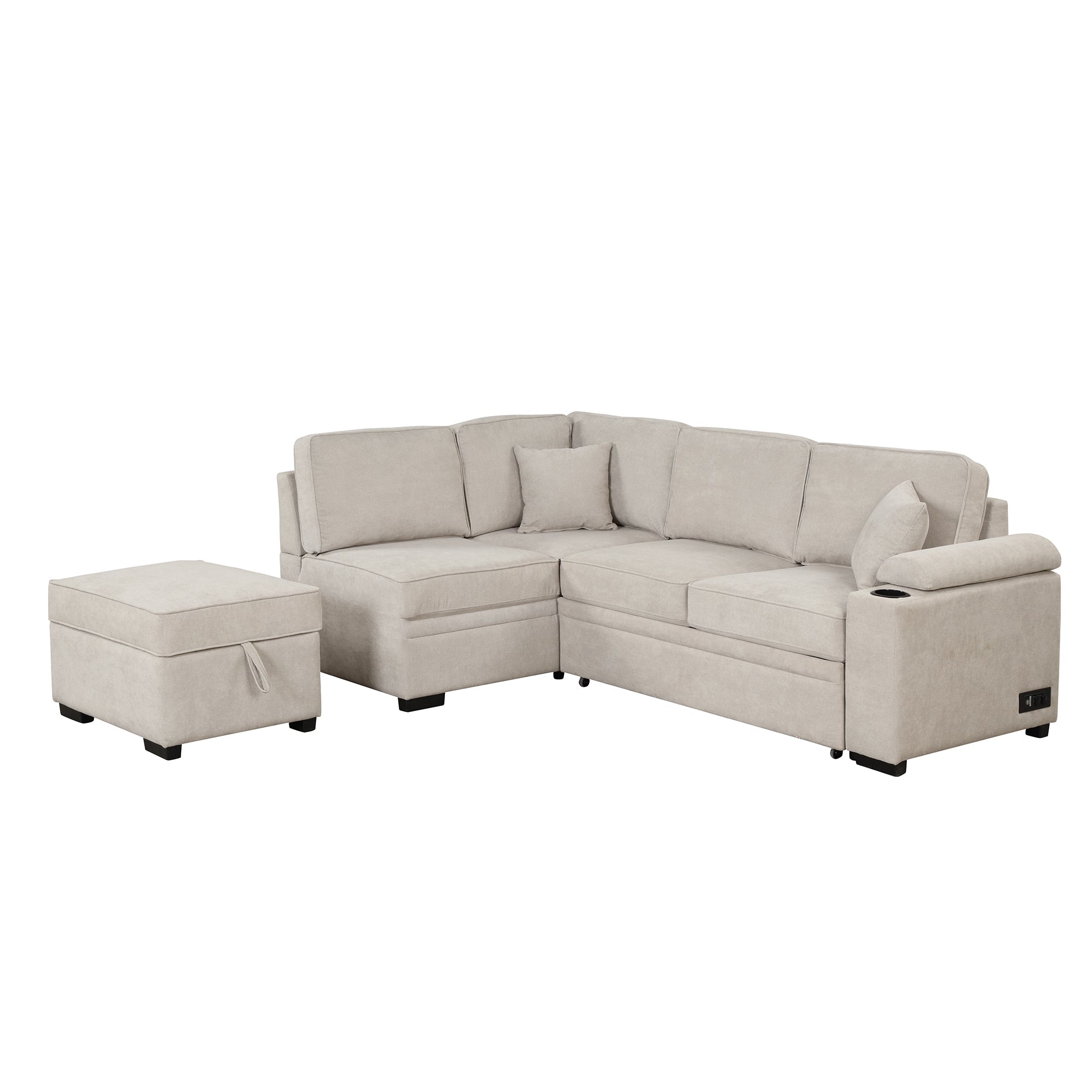 2 in 1 Sleeper Sofa Bed with Storage Ottoman, Beige Linen Upholstery (SG000550AAA) - Direct Wicker