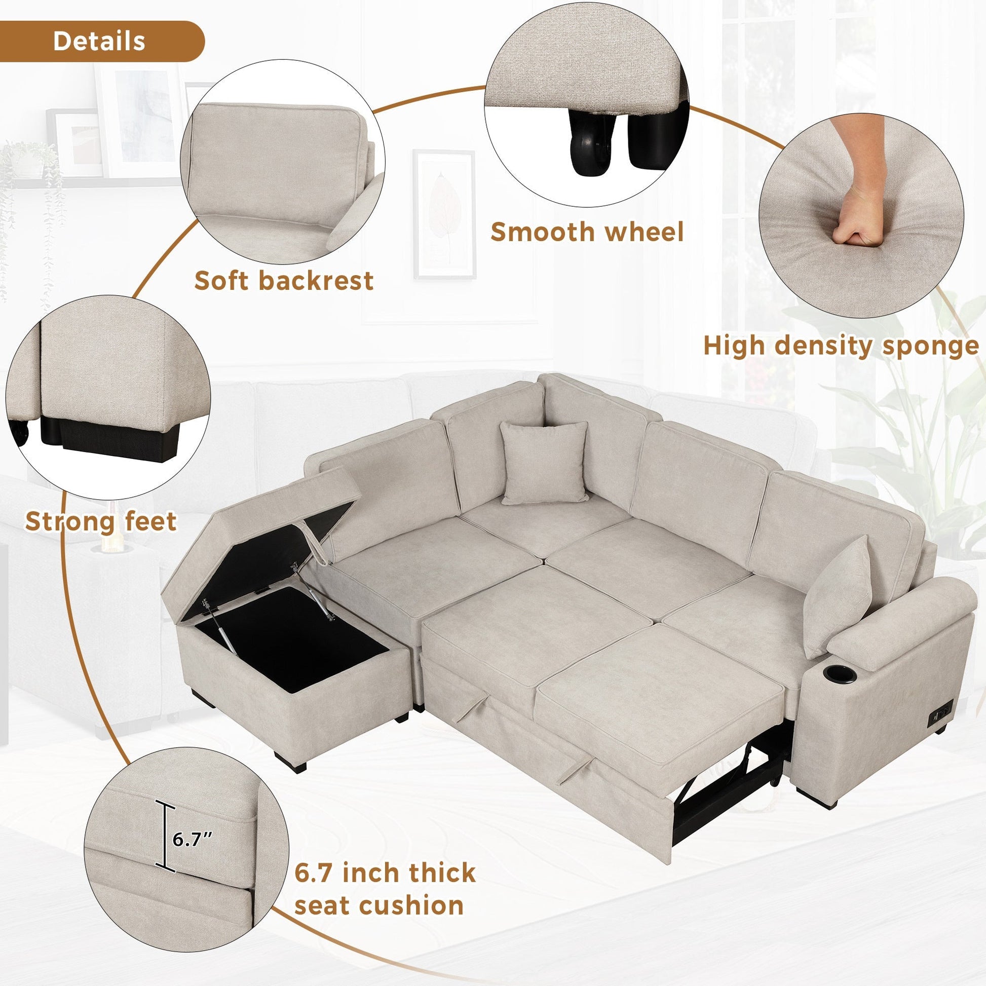 2 in 1 Sleeper Sofa Bed with Storage Ottoman, Beige Linen Upholstery (SG000550AAA) - Direct Wicker