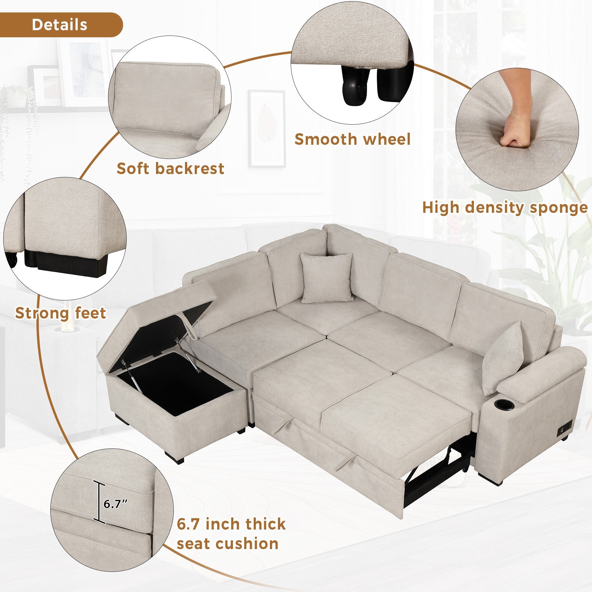 2 in 1 Sleeper Sofa Bed with Storage Ottoman, Beige Linen Upholstery (SG000550AAA) - Direct Wicker