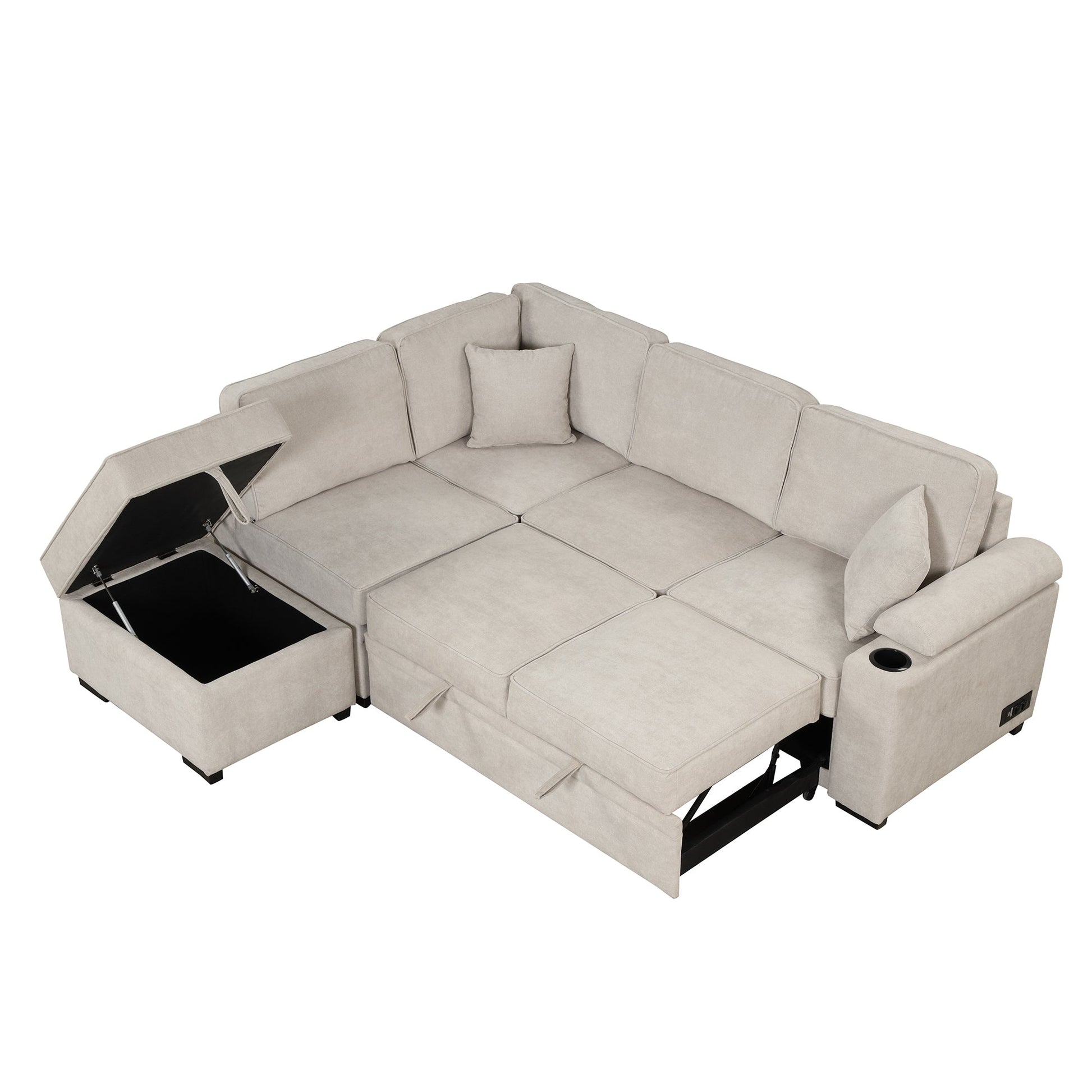 2 in 1 Sleeper Sofa Bed with Storage Ottoman, Beige Linen Upholstery (SG000550AAA) - Direct Wicker