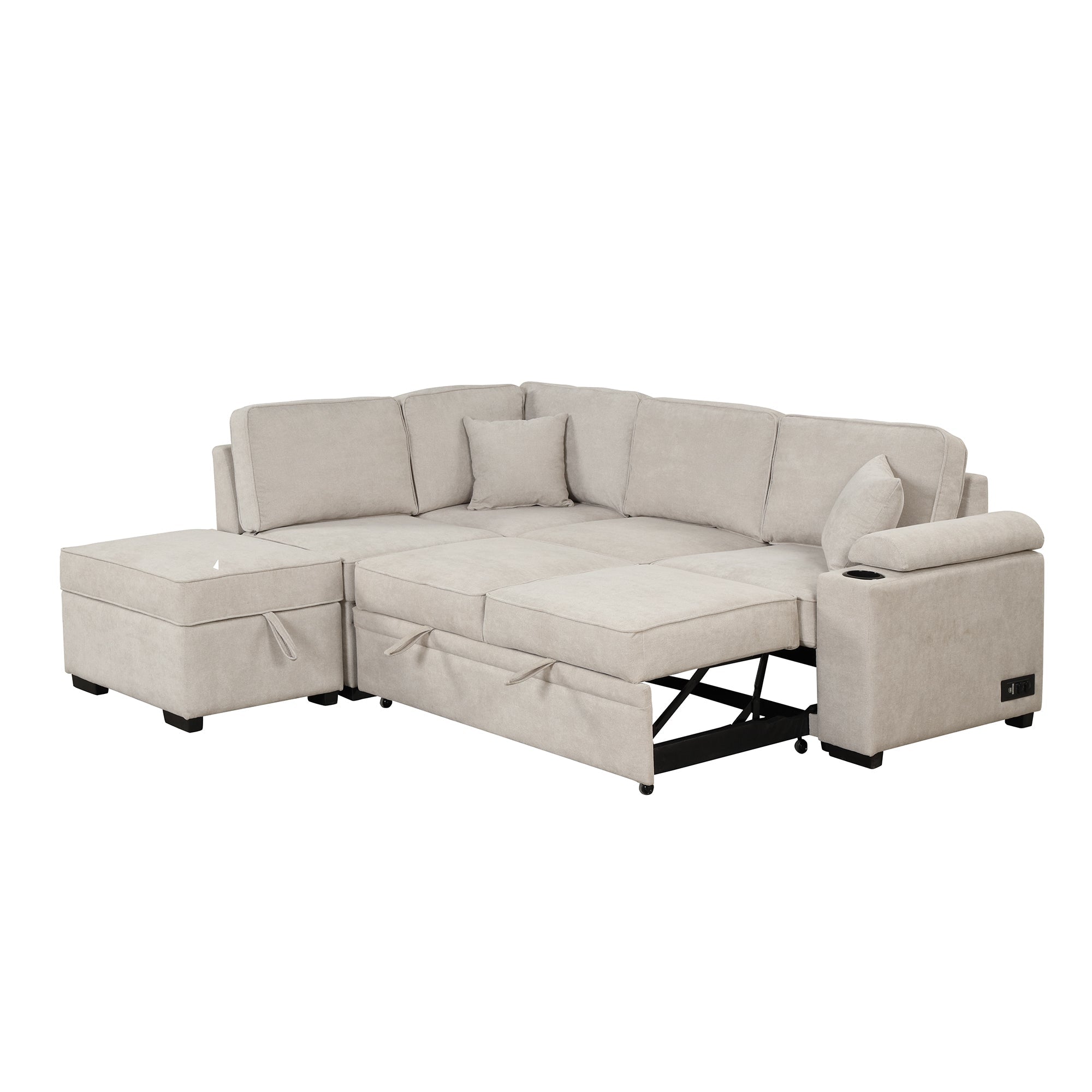 2 in 1 Sleeper Sofa Bed with Storage Ottoman, Beige Linen Upholstery (SG000550AAA) - Direct Wicker
