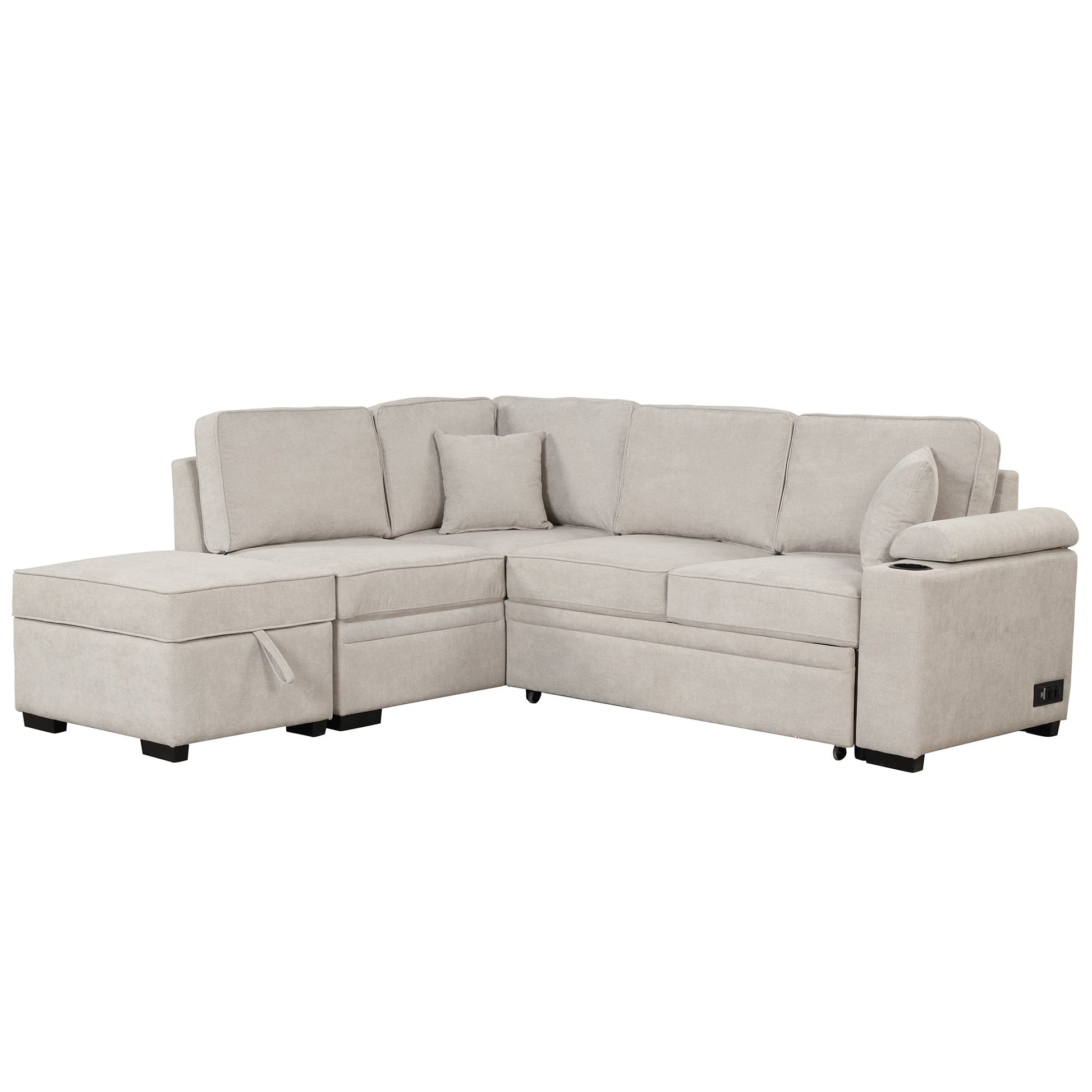 2 in 1 Sleeper Sofa Bed with Storage Ottoman, Beige Linen Upholstery (SG000550AAA) - Direct Wicker