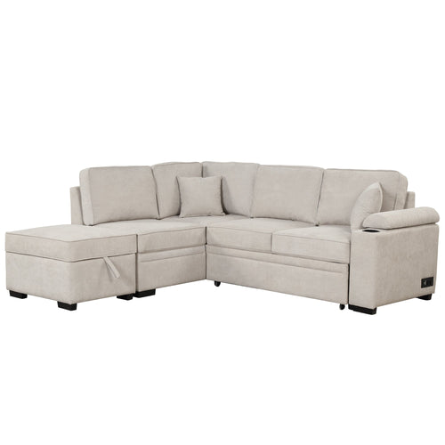 2 in 1 Sleeper Sofa Bed with Storage Ottoman, Beige Linen Upholstery (SG000550AAA) - Direct Wicker
