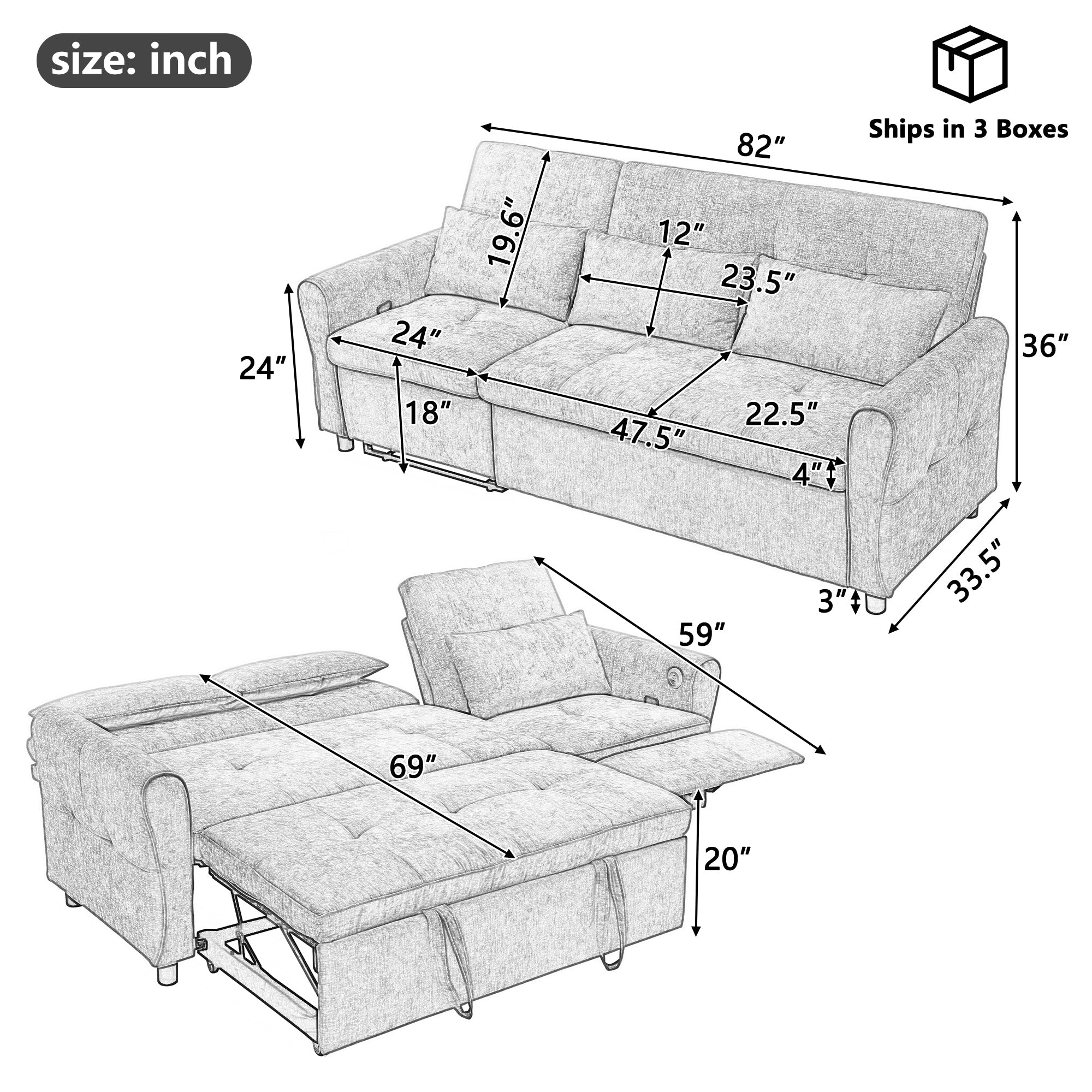 2 - in - 1 Sofa 82' Three - Seater with Sofa Bed and Reversible Recliner (N719S002010R) - Direct Wicker
