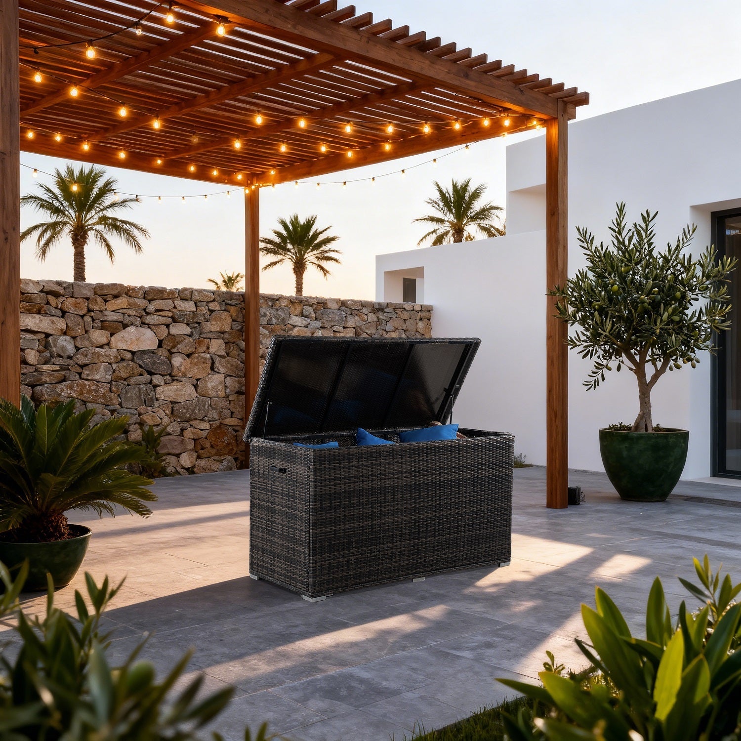 260 Gallon Capacity Outdoor Wicker Storage Box PE Wicker with Aluminum Frame (PA - 3256B) - Direct Wicker