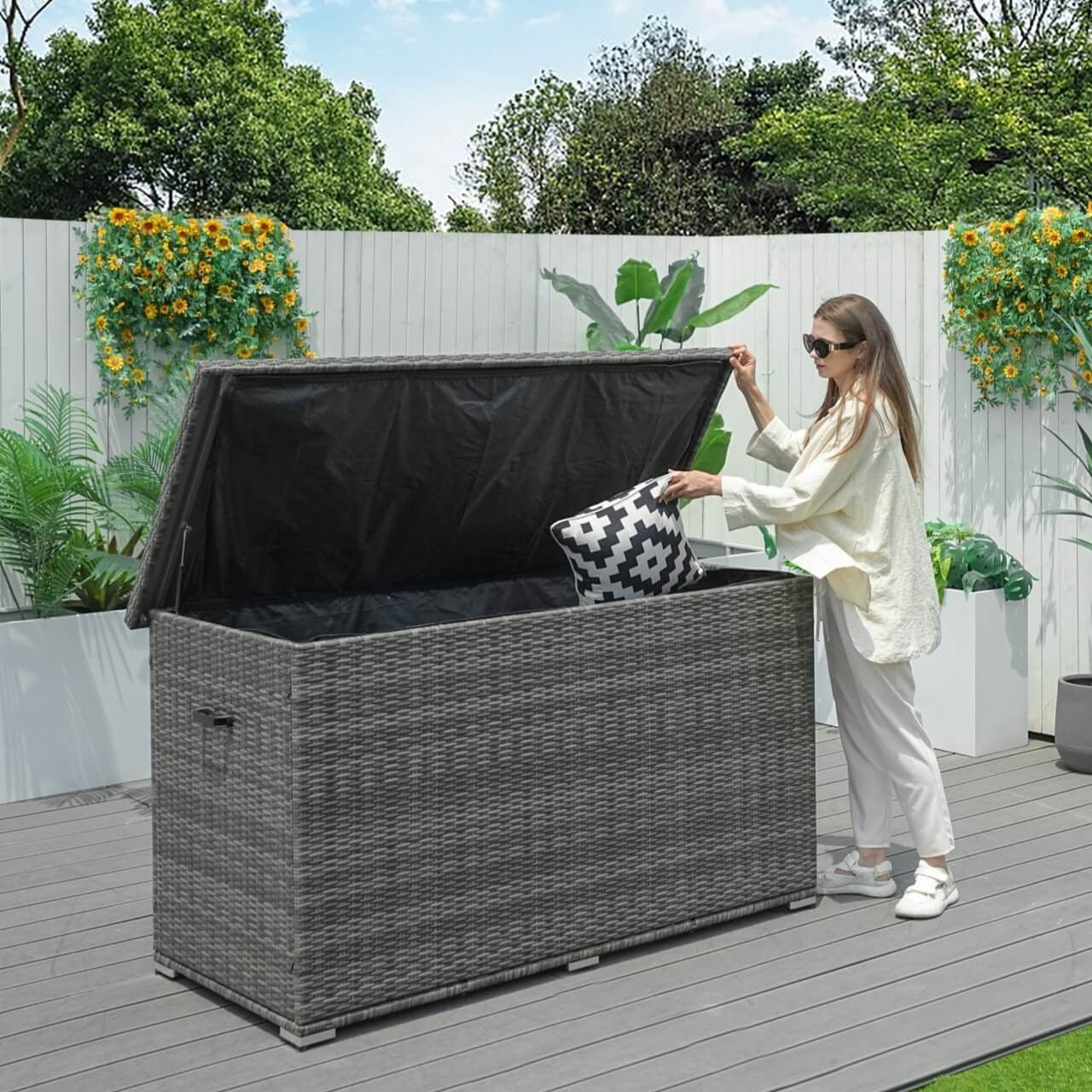 260 Gallon Capacity Outdoor Wicker Storage Box PE Wicker with Aluminum Frame (PA - 3256B) - Direct Wicker