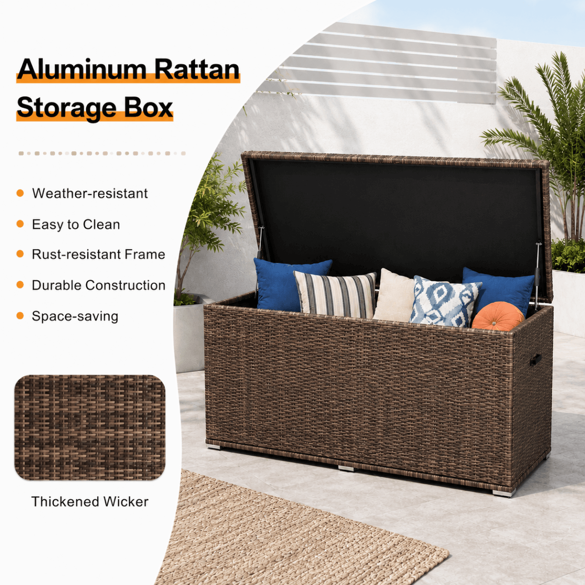 260 Gallon Capacity Outdoor Wicker Storage Box PE Wicker with Aluminum Frame (PA-3256B) - Direct Wicker