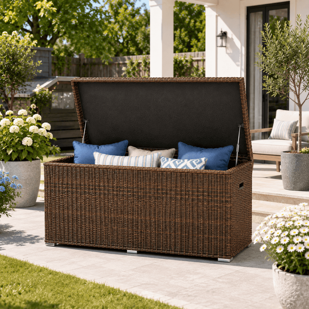 260 Gallon Capacity Outdoor Wicker Storage Box PE Wicker with Aluminum Frame (PA-3256B) - Direct Wicker