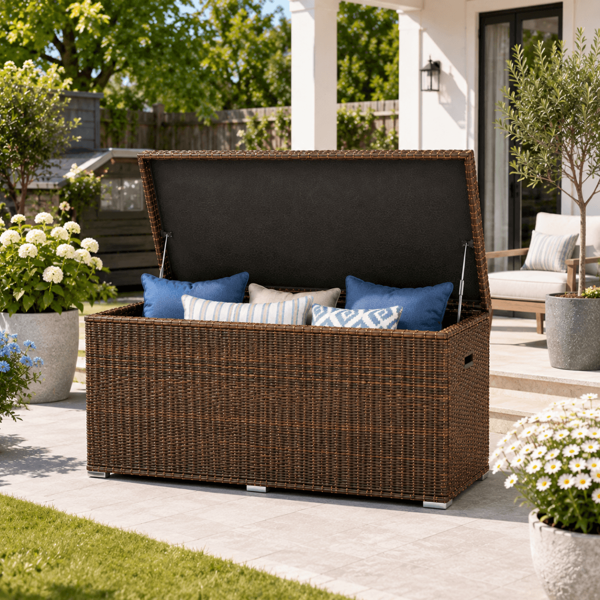 260 Gallon Capacity Outdoor Wicker Storage Box PE Wicker with Aluminum Frame (PA-3256B) - Direct Wicker