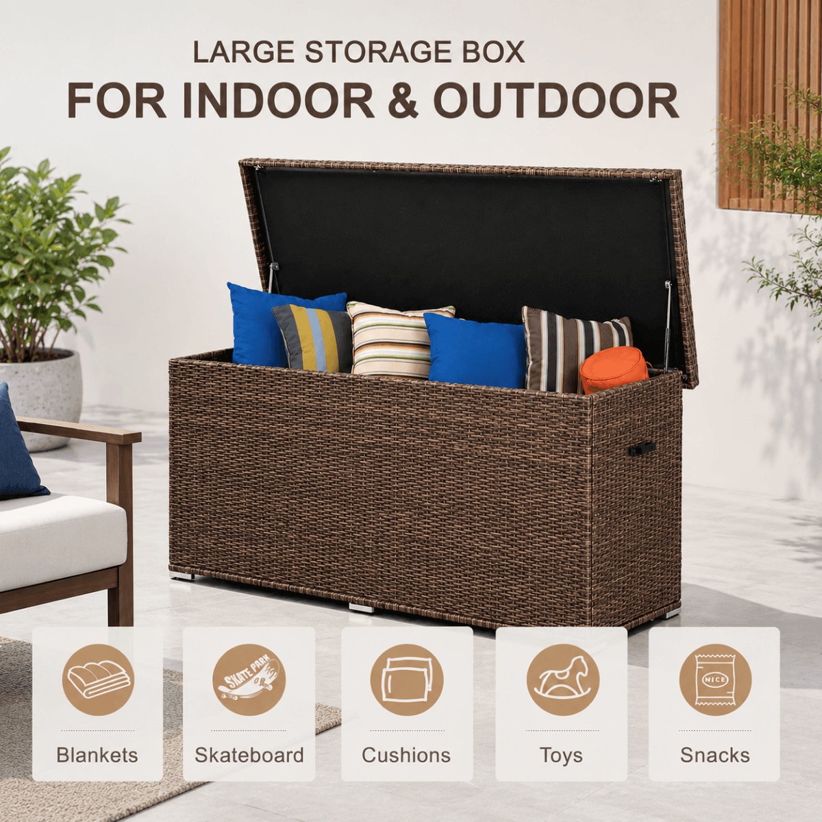 260 Gallon Capacity Outdoor Wicker Storage Box PE Wicker with Aluminum Frame (PA-3256B) - Direct Wicker