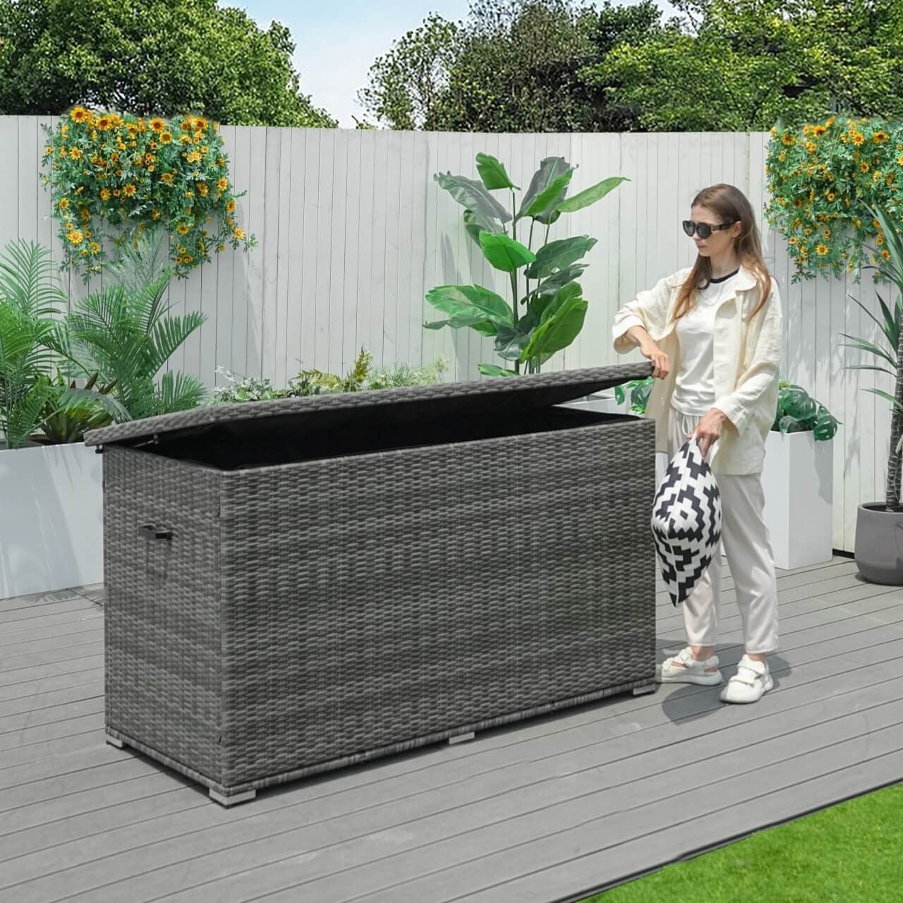 260 Gallon Capacity Outdoor Wicker Storage Box PE Wicker with Aluminum Frame (PA - 3256B) - Direct Wicker