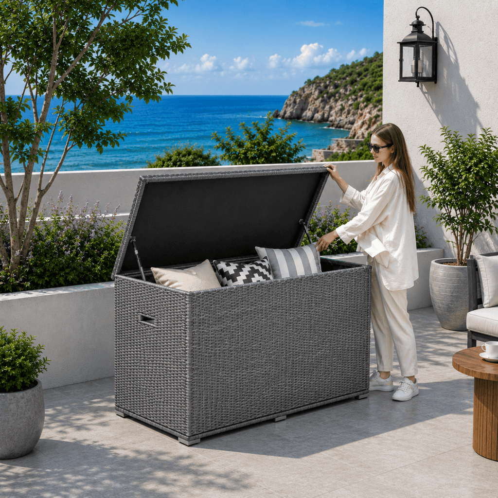 260 Gallon Capacity Outdoor Wicker Storage Box PE Wicker with Aluminum Frame (PA-3256B) - Direct Wicker
