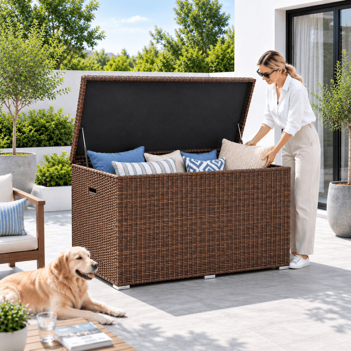 260 Gallon Capacity Outdoor Wicker Storage Box PE Wicker with Aluminum Frame (PA-3256B) - Direct Wicker