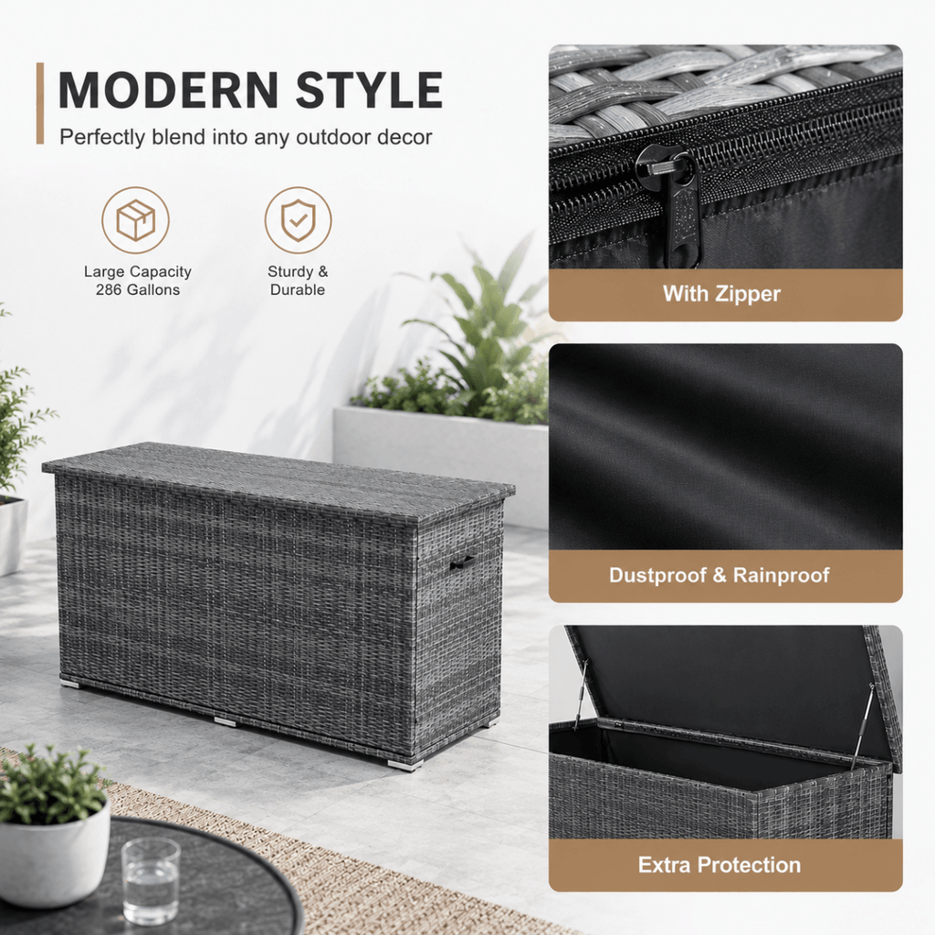 260 Gallon Capacity Outdoor Wicker Storage Box PE Wicker with Aluminum Frame (PA-3256B) - Direct Wicker