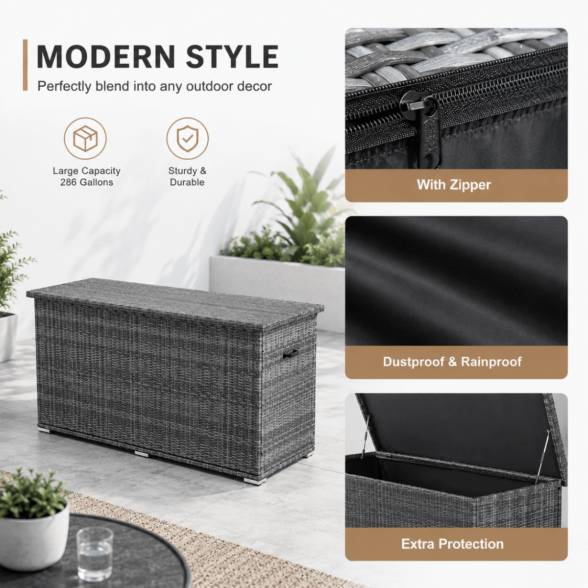 260 Gallon Capacity Outdoor Wicker Storage Box PE Wicker with Aluminum Frame (PA-3256B) - Direct Wicker