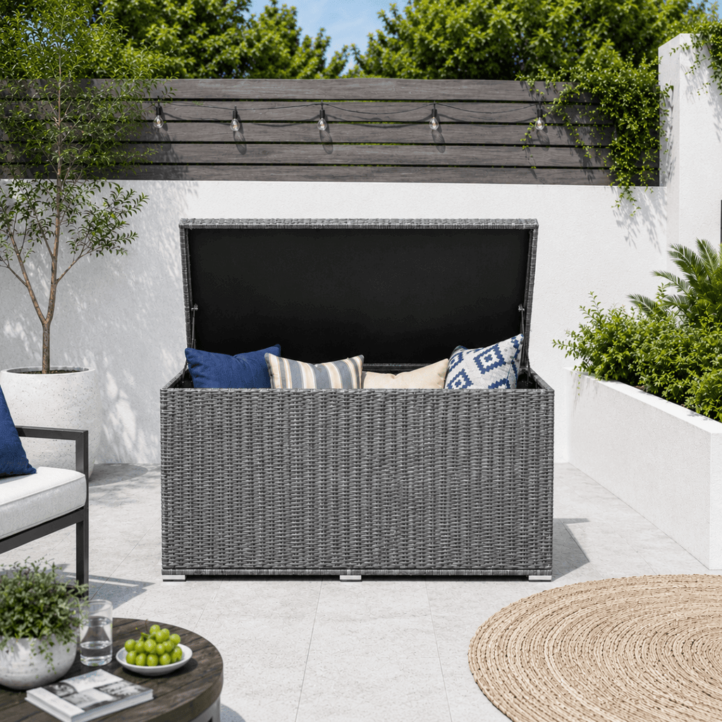 260 Gallon Capacity Outdoor Wicker Storage Box PE Wicker with Aluminum Frame (PA-3256B) - Direct Wicker