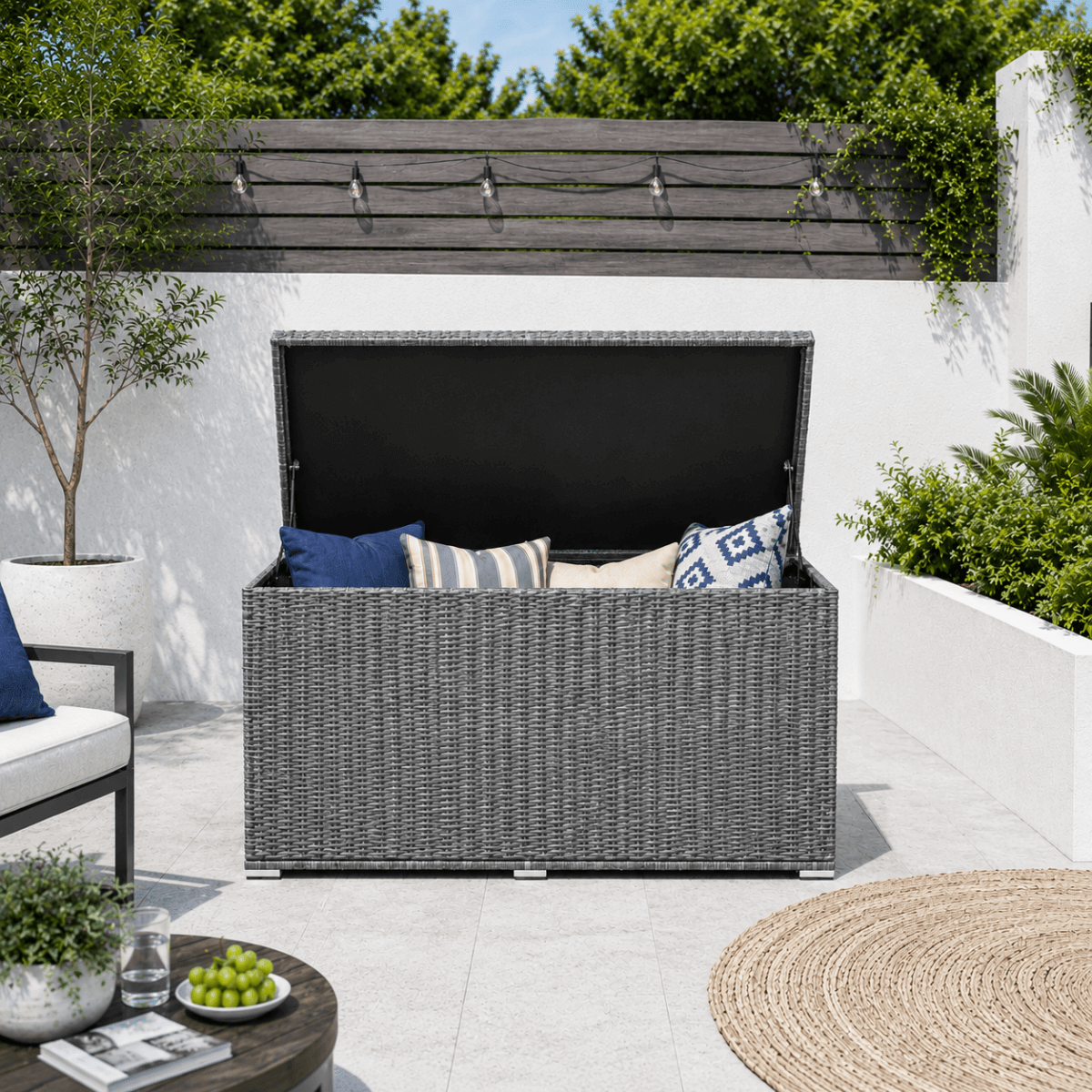 260 Gallon Capacity Outdoor Wicker Storage Box PE Wicker with Aluminum Frame (PA-3256B) - Direct Wicker