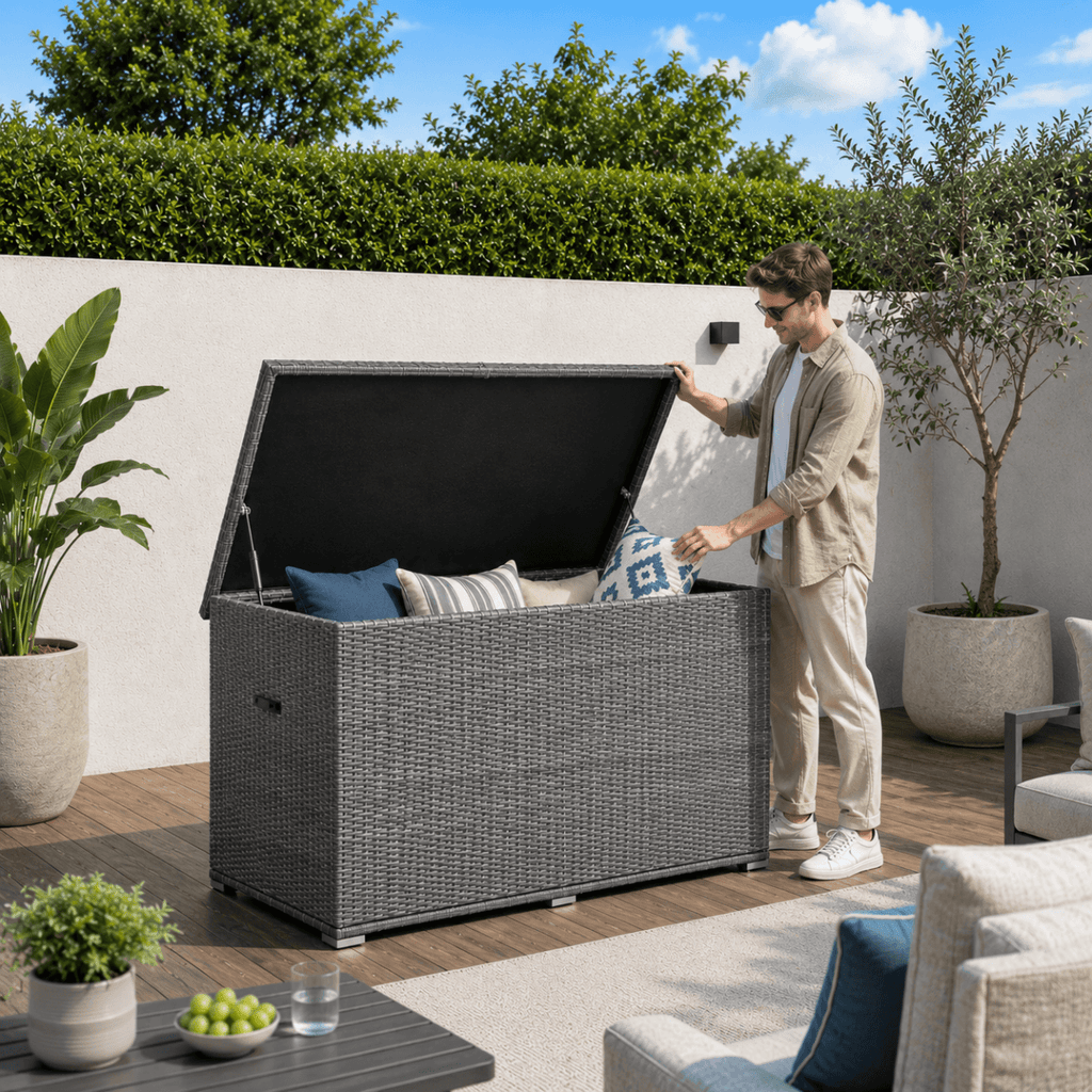 260 Gallon Capacity Outdoor Wicker Storage Box PE Wicker with Aluminum Frame (PA-3256B) - Direct Wicker