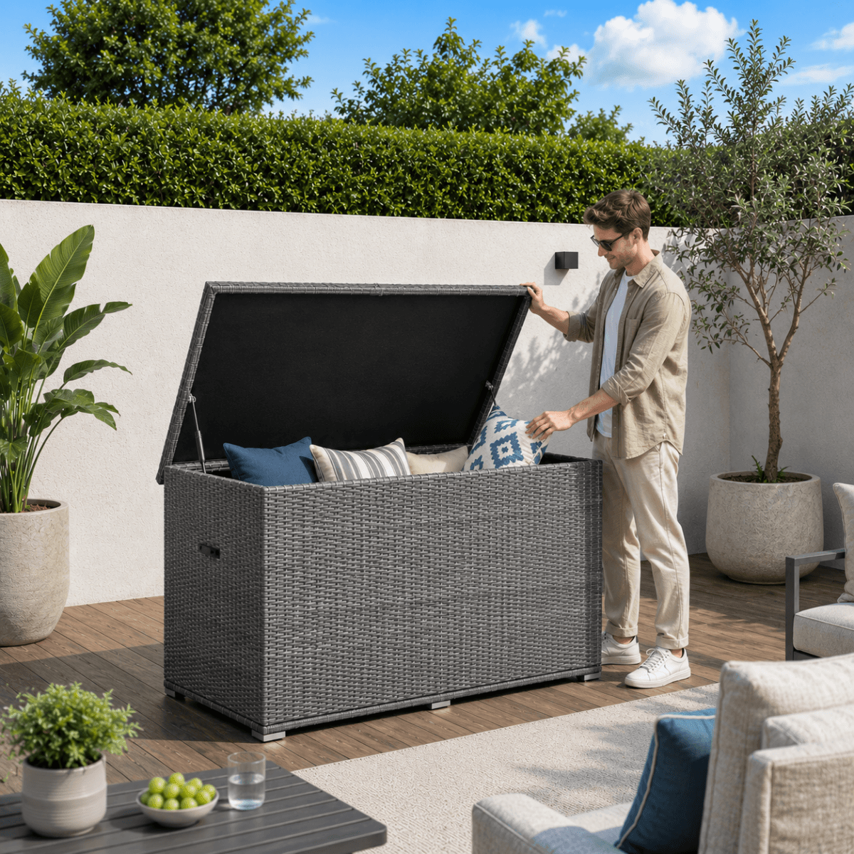 260 Gallon Capacity Outdoor Wicker Storage Box PE Wicker with Aluminum Frame (PA-3256B) - Direct Wicker