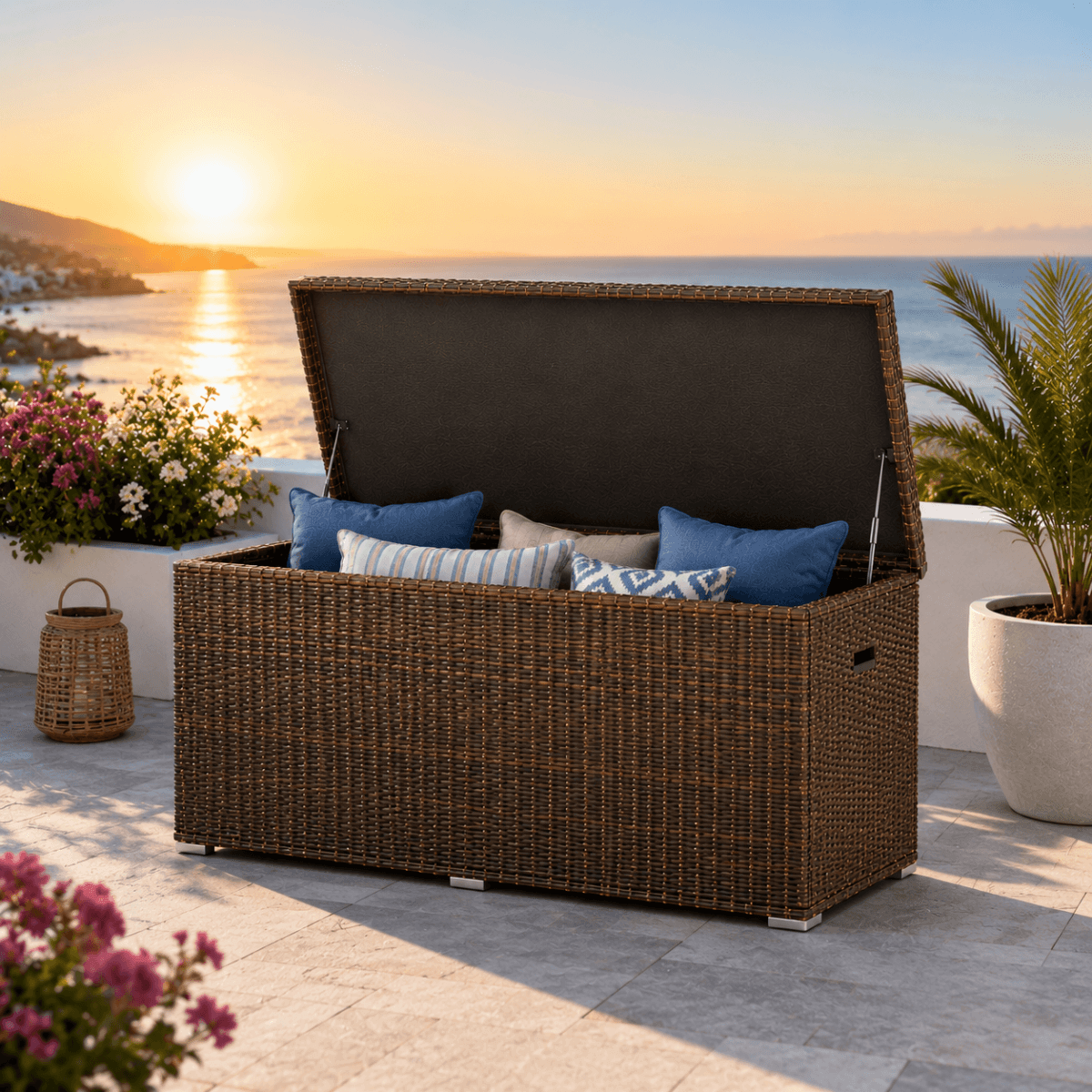260 Gallon Capacity Outdoor Wicker Storage Box PE Wicker with Aluminum Frame (PA-3256B) - Direct Wicker